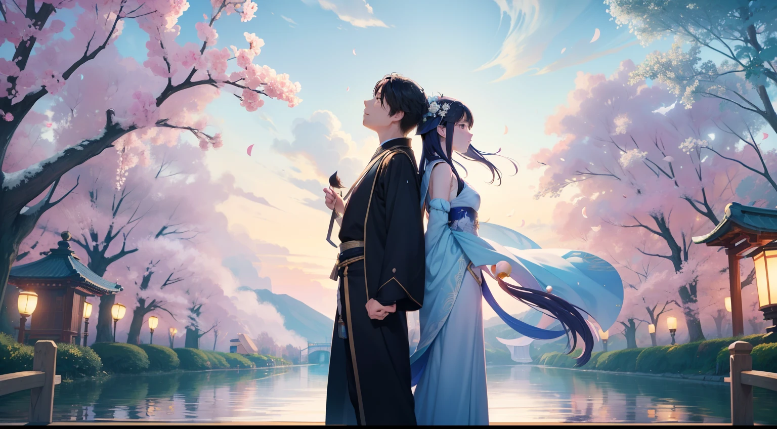 On a sunny day in Tanabata, Clouds fluttering，On the Magpie Bridge，The cowherd and the weaver girl looked up at the sky from back to back，Character backs。starry sky bright，Quiet by the river，It was as if there were only two people left in the entire universe。At this moment，A thousand years of waiting turned into a sweet encounter，Love blooms on the night of Tanabata。small person，Men and women back to back，There are big scene posters，A man and a woman stood back to back on the bridge, Poster illustration, A beautiful artwork illustration, poster for, vibrant tourism poster, lie on white clouds fairyland, Chinese fantasy, Poster design, illustrated poster,Very dreamy，Horizontal version，Character backs