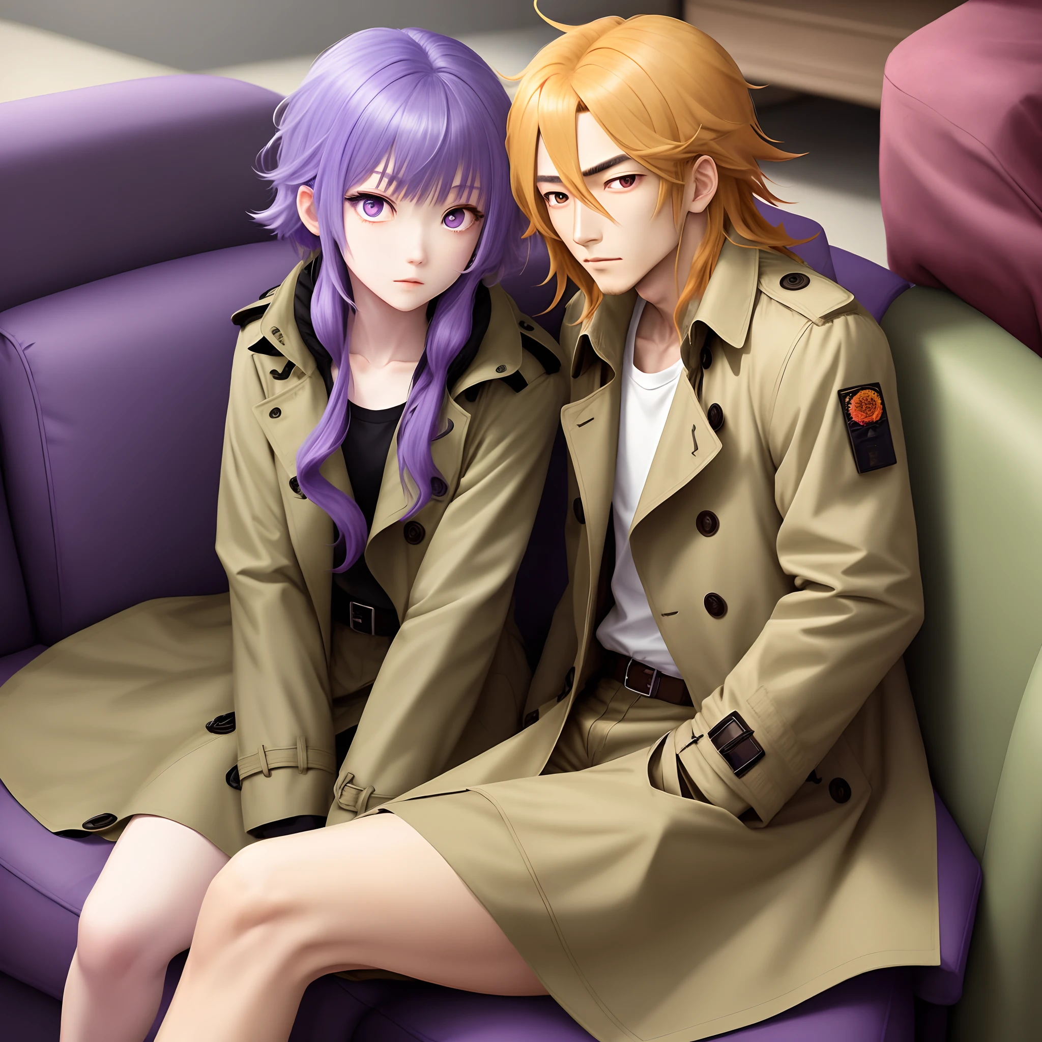 Wakasa colored hair,Microvolumes,Purple eye,sitting in the couch,Grab a cup of coffee,Khaki trench coat,White undershirt