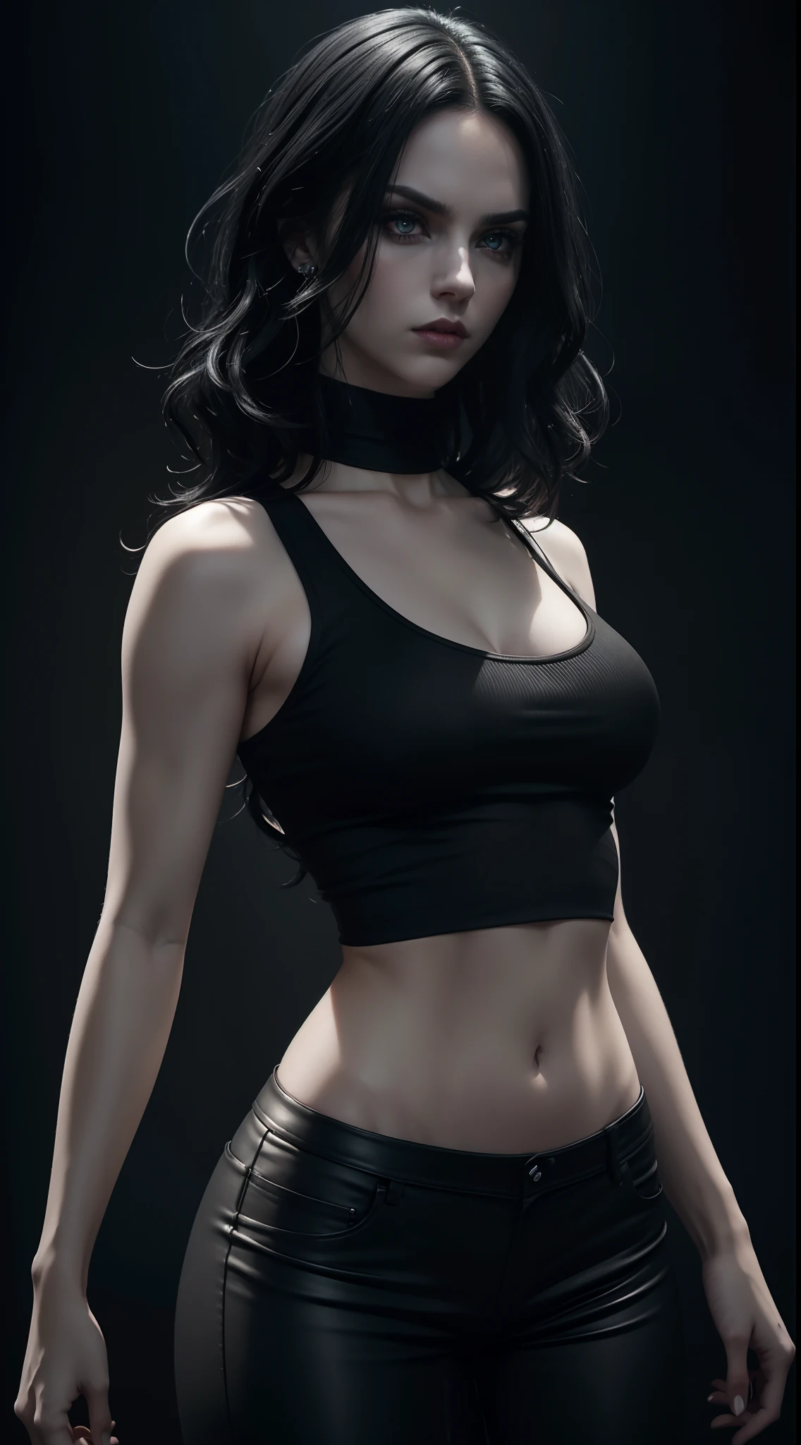 (Selene from Underworld wearing black tanktop and black pants), (bob wavy black hair), (pale skin), (serious face), (solid color background), dynamic angle shot, dynamic pose, studio lighting, photo realism, intricate face detail, intricate hand details, highly detailed, vibrant colors, cinematic, high definition, trending on Artstation--style raw