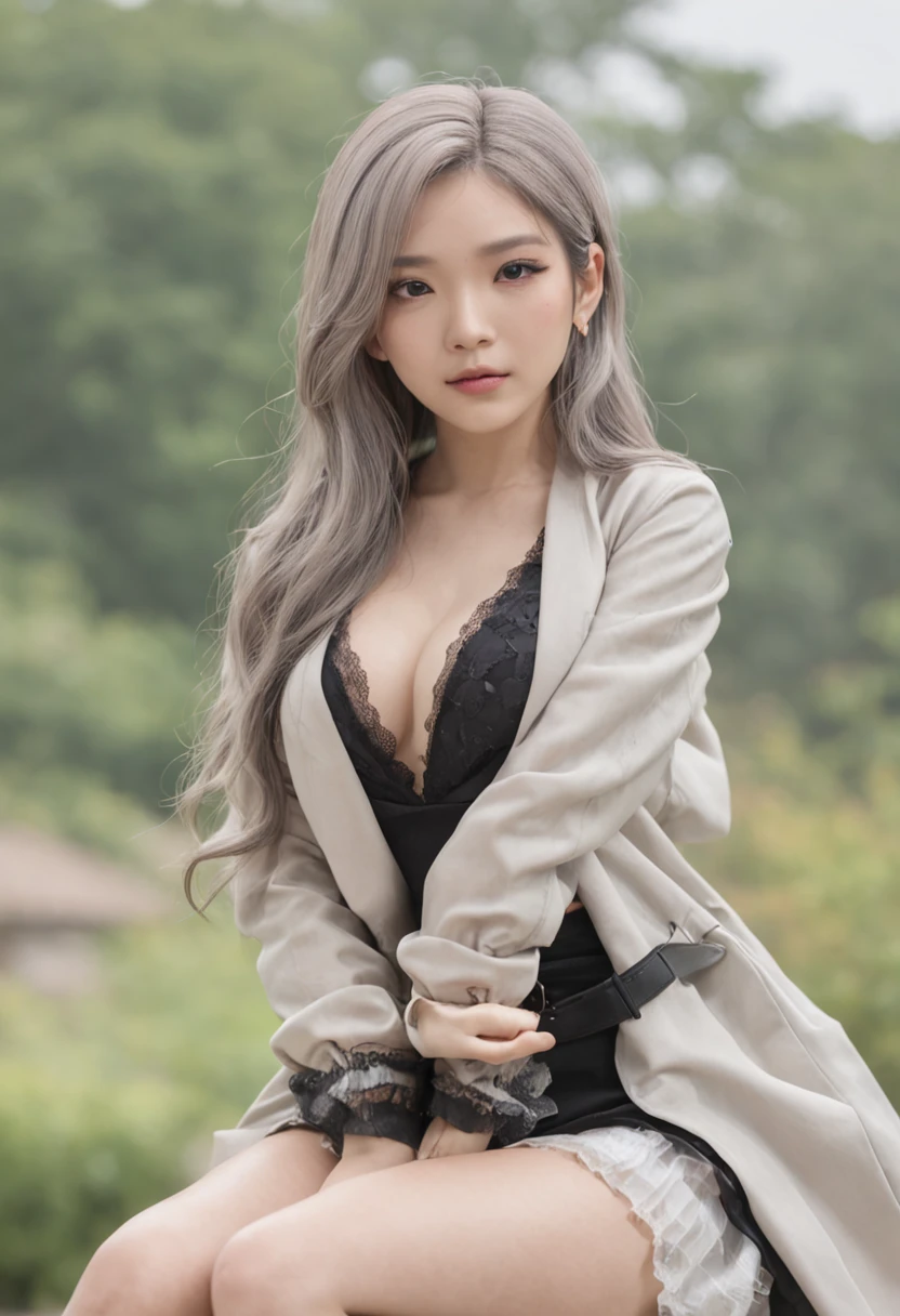 Photorealistic, high resolution, 1womanl, Solo, Hips up, view the viewer, (Detailed face), White hair, Long hair, Street attire, jewelry, Abdomen tattoo 8K、highest quality、超高分辨率、tmasterpiece、Realiy、hyper realisitc、hight contrast、フォトンマッピング、Live view、Ultra-delicate、low angles:1.5、1 girl in、独奏、、:1.5、full bodyesbian、Evening concert venue stage:1.5、Kepop star、Kepop idol、Dress like a pop、Raised sexy、Sit in a chair and look forward、Fancy makeup、blazer jacket:1.3、short skirt:1.3、Blazers and skirts must wear high heels、tiese、Harnes:1.3、Plain feet、high-heels、MCharacter opens his legs:1.3、100度開脚、with an open crotch:1.2、Long brown hair、Observe through wet white panties:1.5、Panties can be seen under the skirt:1.3、Long body、Height is 170 cm、Long feet:1.2、Large breasts、beautyface:1.3、detailed female pubic shape clearly visible:1.5、has cleavage:1.5、pantyless:1.3、The skin has a texture