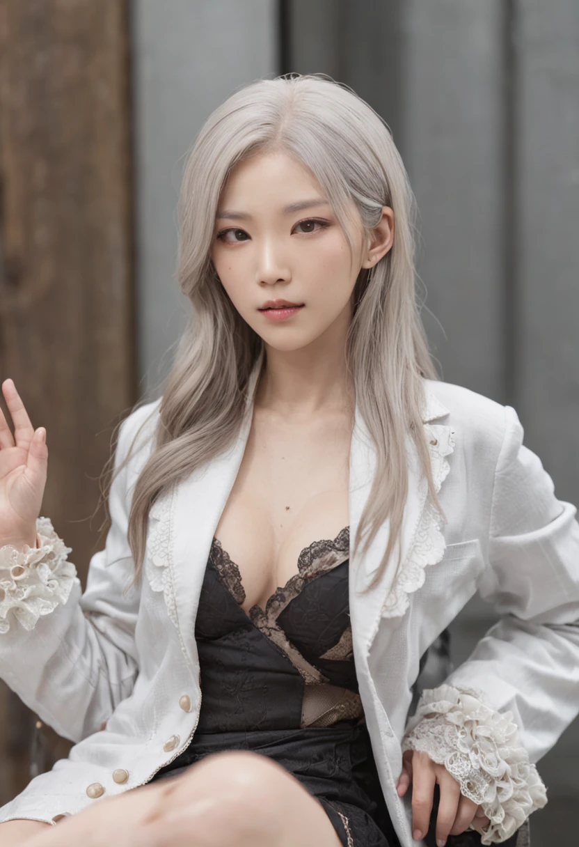 Photorealistic, high resolution, 1womanl, Solo, Hips up, view the viewer, (Detailed face), White hair, Long hair, Street attire, jewelry, Abdomen tattoo 8K、highest  quality、超高分辨率、tmasterpiece、Realiy、hyper realisitc、hight contrast、フォトンマッピング、Live view、Ultra-delicate、low angles：1.5、1 girl in、独奏、、：1.5、full bodyesbian、Evening concert venue stage：1.5、Kepop star、Kepop idol、Dress like a pop、Raised sexy、Sit in a chair and look forward、Fancy makeup、blazer jacket：1.3、short  skirt：1.3、Blazers and skirts must wear high heels、tiese、Harnes：1.3、Plain feet、high-heels、MCharacter opens his legs：1.3、100度開脚、with an open crotch：1.2、Long brown hair、Observe through wet white panties：1.5、Panties can be seen under the skirt：1.3、Long body、Height is 170 cm、Long feet：1.2、Large breasts、beautyface：1.3、detailed female pubic shape clearly visible：1.5、has cleavage：1.5、pantyless：1.3、The skin has a texture