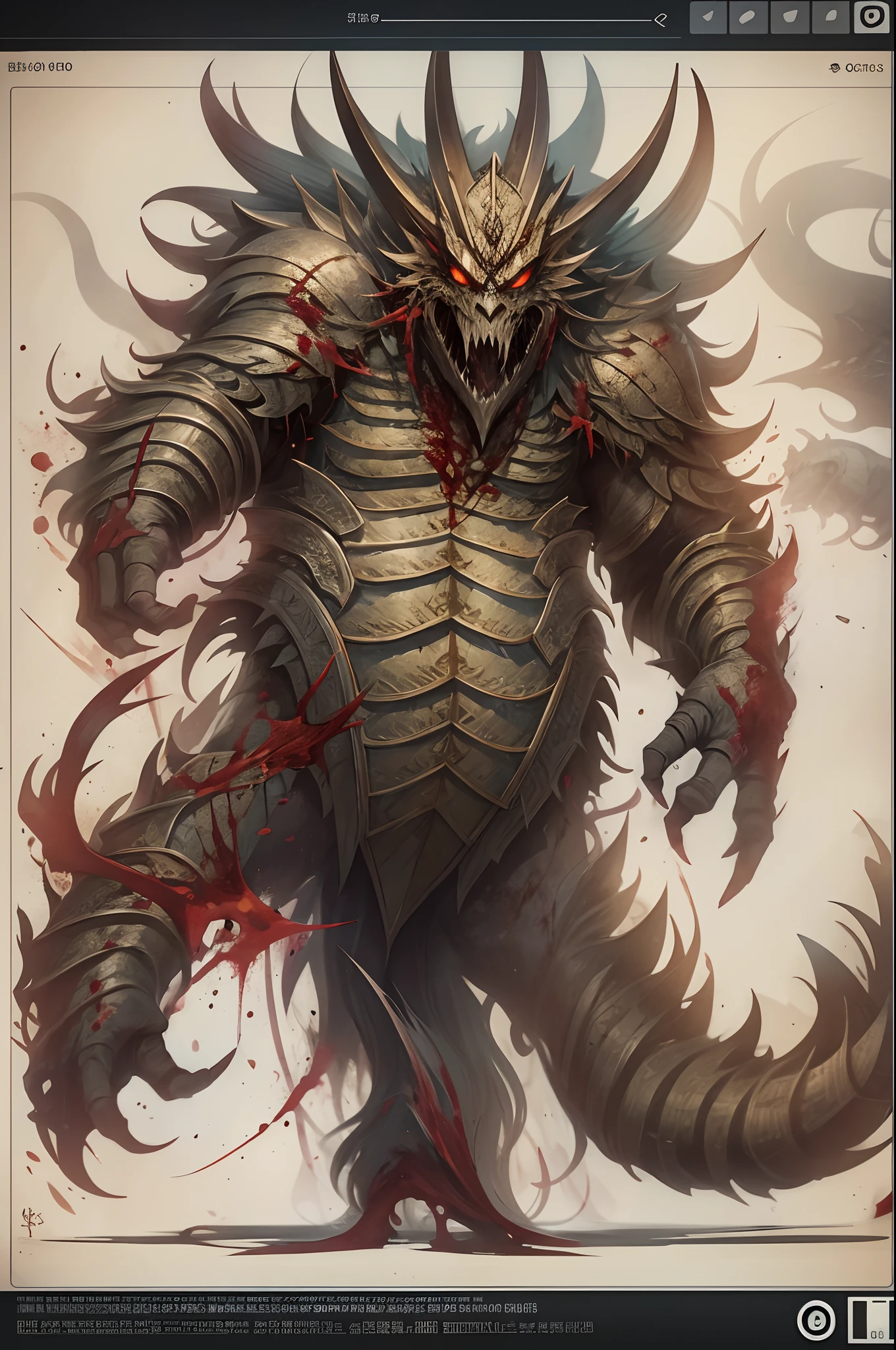 Standing drawings of game characters,Hell Monsters,((Super huge, Thick and sharp giant claws)),(((Black antique hideous scales))),(((The scales are covered with thick barbs))),((Super thick and terrifying scales)),Wrap the whole body,((Bloodthirsty and murderous devil man)),slaughter,Rush to kill,Dynamic lines,depth of fields,Ugly face,(There was blood everywhere),((Blood dripped from between the paws)),stereoscopic perspective,Works of masters,super-fine,4K分辨率,high qulity,电影灯光,High picture detail,Look up from the bottom up,Ultra-wide viewing angle,Detailed pubic hair,Epic shooting