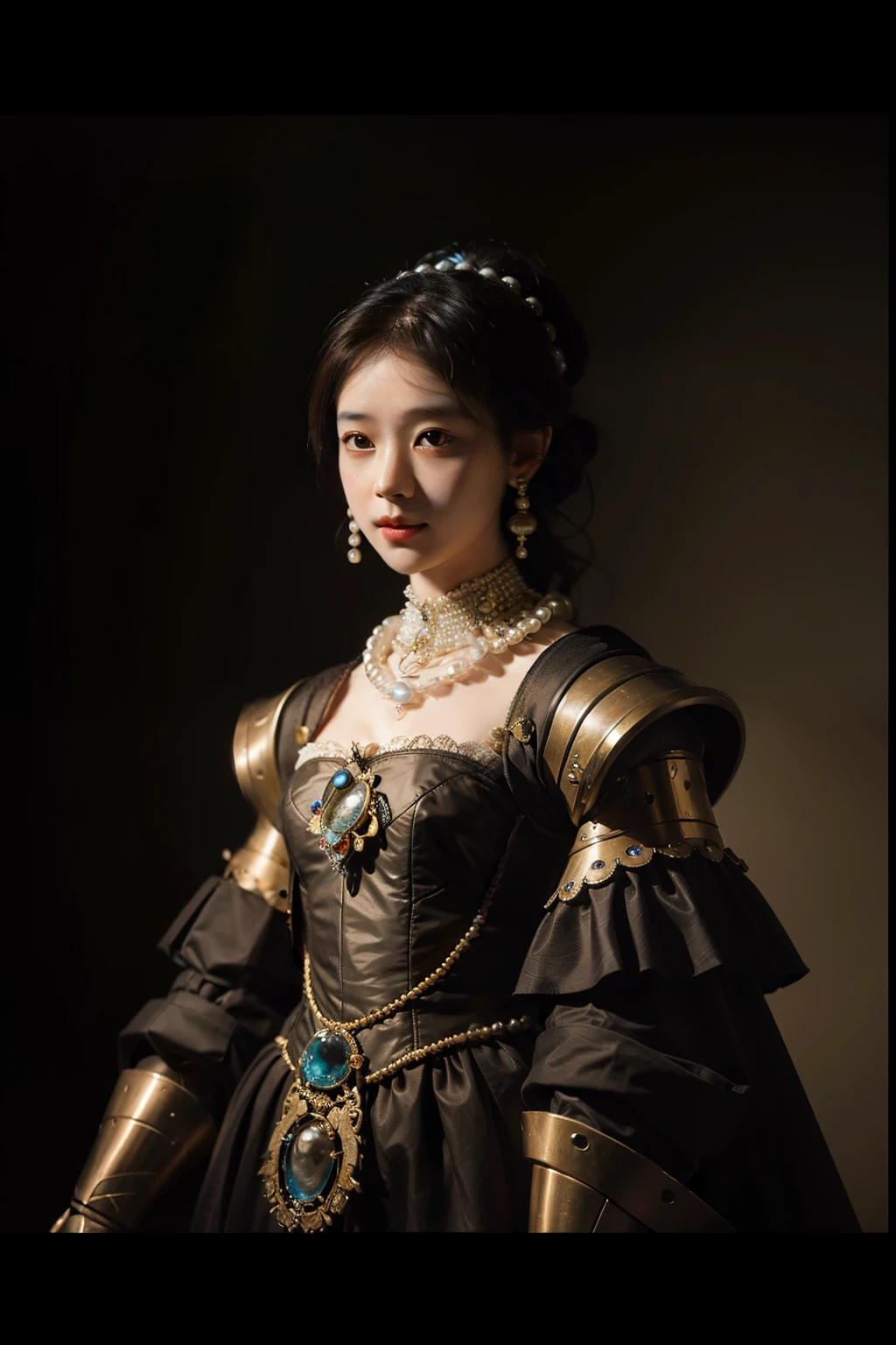 Rembrandt-inspired concept art、Beautiful AI robot woman、Pearl earrings