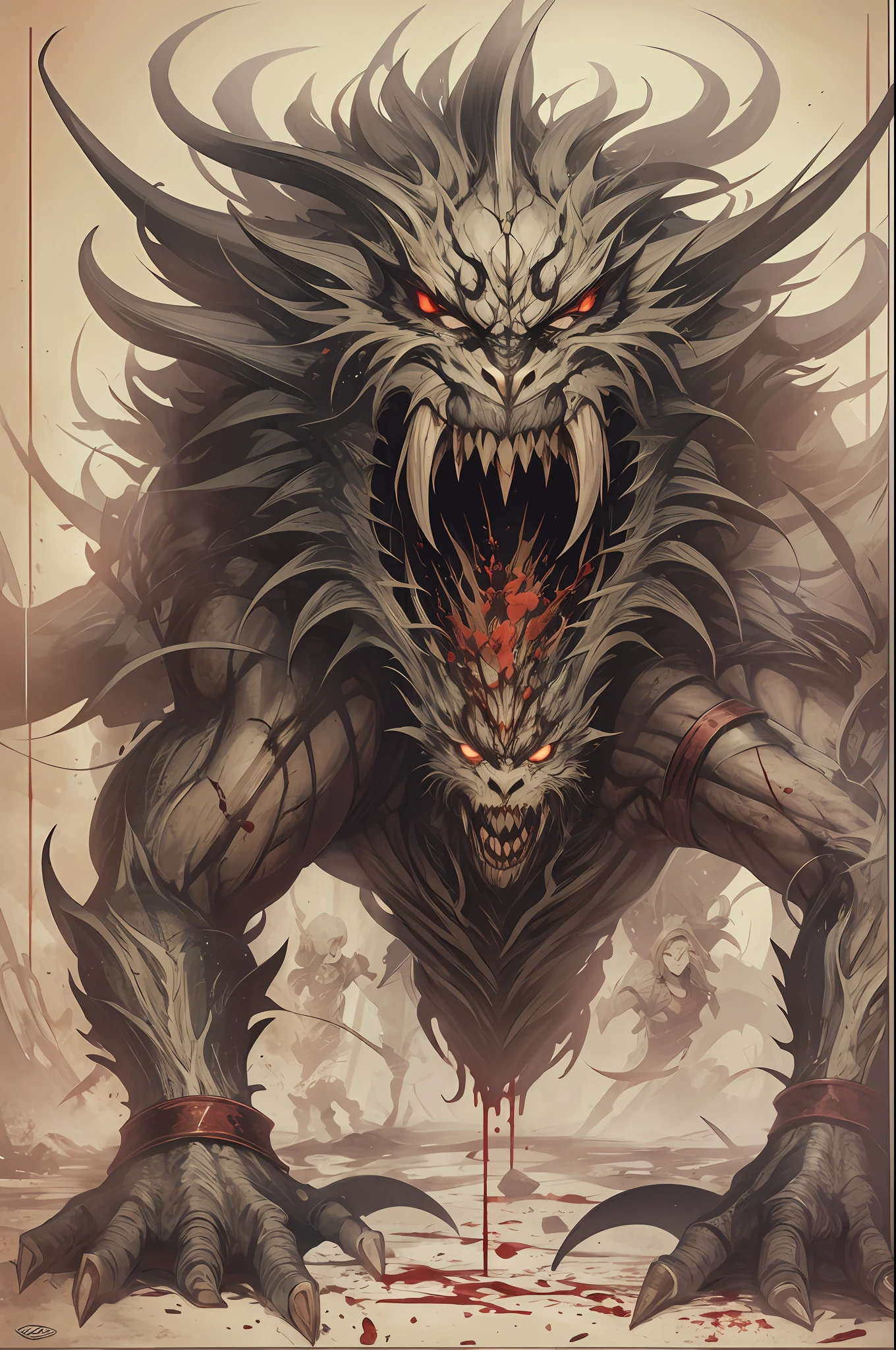 Standing drawings of game characters,Hell Monsters,((Super huge, Thick and sharp giant claws)),(((Black antique hideous scales))),(((The scales are covered with thick barbs))),((Super thick and terrifying scales)),Wrap the whole body,((Bloodthirsty and murderous devil man)),slaughter,Rush to kill,Dynamic lines,depth of fields,Ugly face,(There was blood everywhere),((Blood dripped from between the paws)),stereoscopic perspective,Works of masters,super-fine,4K分辨率,high qulity,电影灯光,High picture detail,Look up from the bottom up,Ultra-wide viewing angle,Detailed pubic hair,Epic shooting