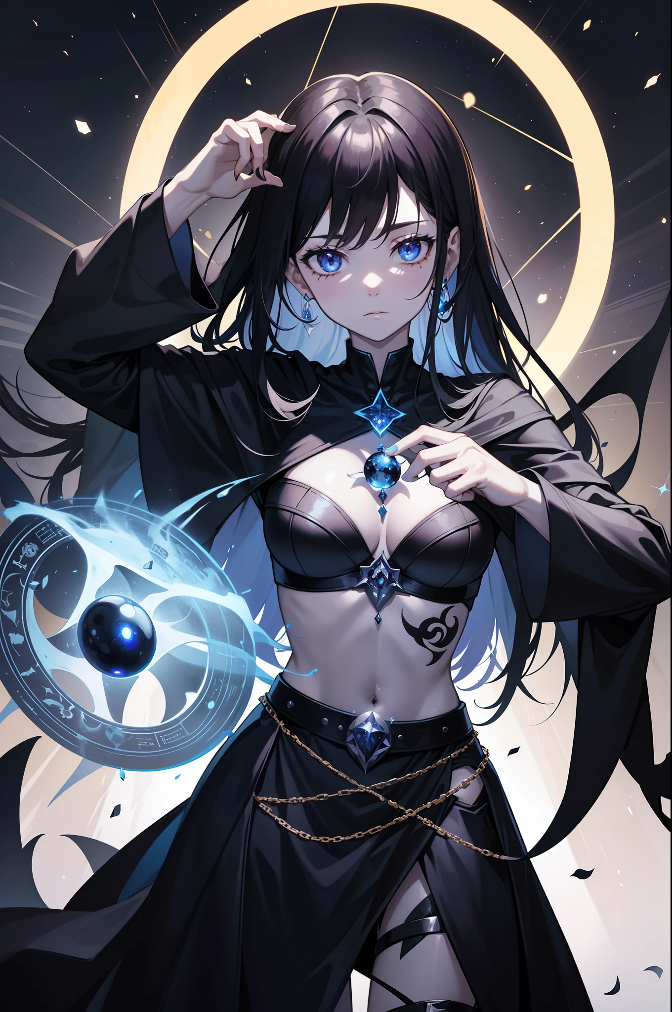 void, black holes, witch, cursed tattoo, capes, grey skin, crest, close-up, magic circle on hand, fantasy art, sapphire accesory, perfect body shape, look away, shy face, masterpieces, solo, magical belt, void aura