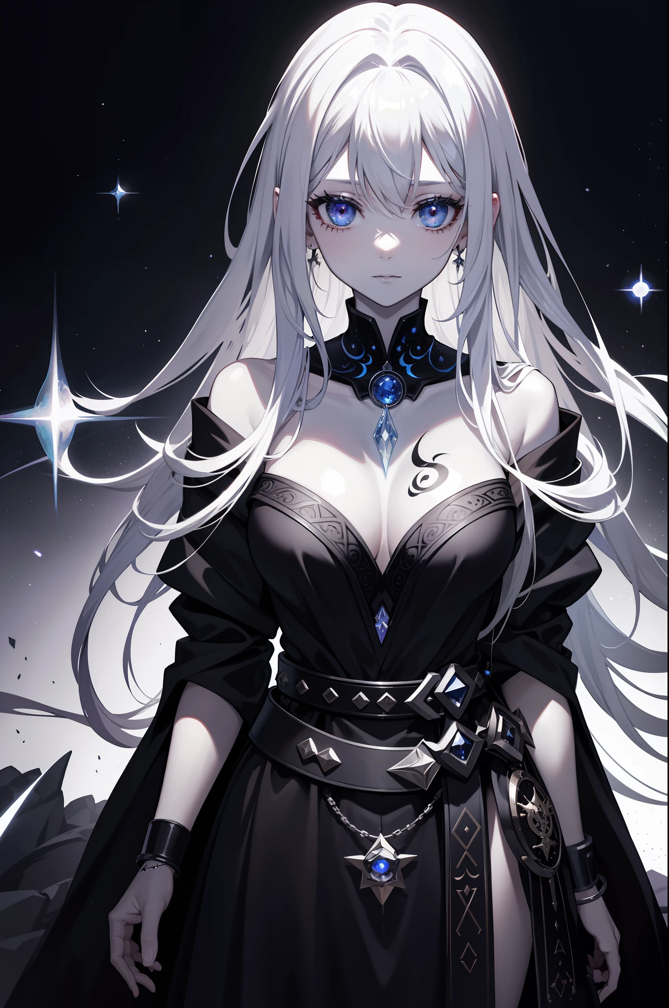 void, black holes, witch, cursed tattoo, robes, grey skin, crest, close-up, magic circle on hand, fantasy art, sapphire accesory, perfect body shape, look away, shy face, masterpieces, solo, magical belt, void aura, mystic quality