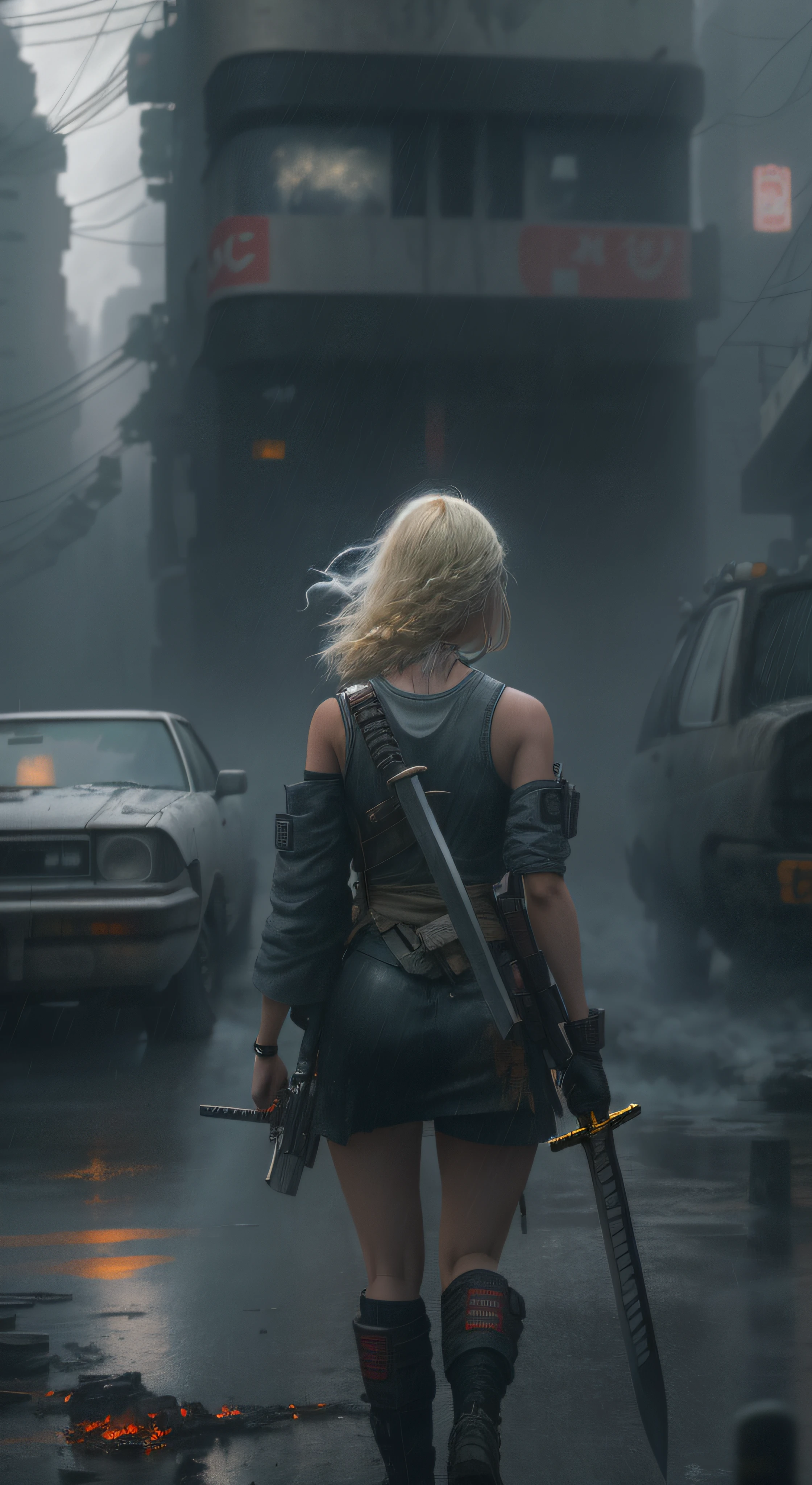 A photo of a young blonde woman standing on her way to the center of the post-apocalyptic city imagery, The Japanese sword in her hand, Dirty laundry is broken, Exploding cars, Fire and smoke, epic detail ighly detailed, rain, RAW photography, Back shot, Shot from below, Cyberpunk