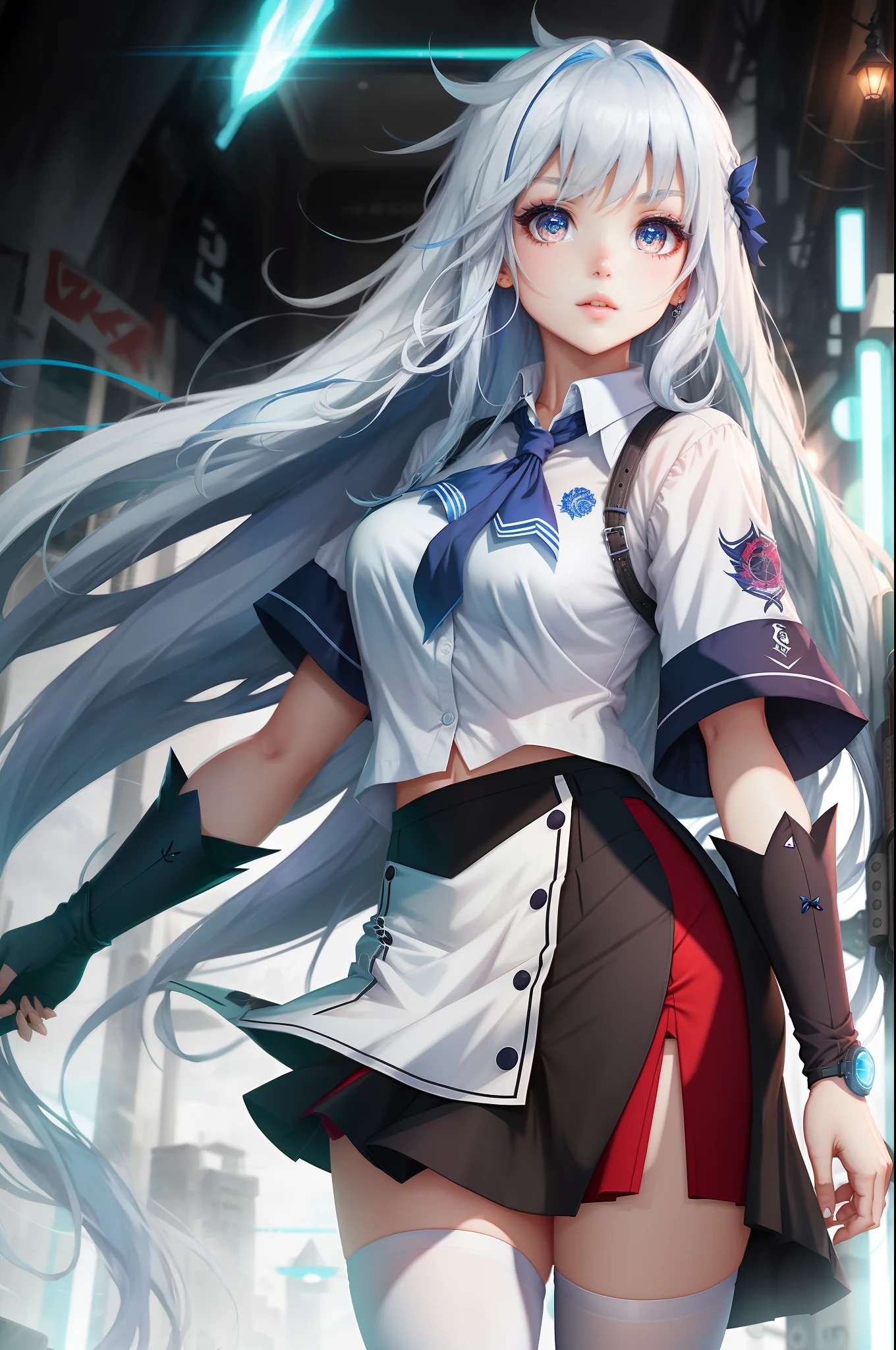 Two-dimensional girl，Details are strengthened，Blue pupil，long  white hair，Dark blue ladies shirt，Lower body JK skirt，White over-the-knee stockings