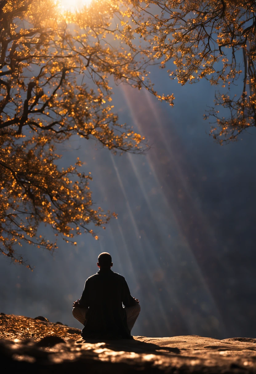 A Christian on his knees, with hands outstretched to heaven in a gesture of worship. His face conveys serenity and unwavering faith, even in the midst of the darkness that surrounds him. O fundo, desfocado e com pouca luz, revela uma igreja adornada com vitrais coloridos e a imagem obscura de uma cruz no altar. Through the penumbra, the rays of light break the silence, illuminating the path of the faithful and proclaiming the hope that their faith brings. homem nitido, Sony A7r, Lente 50mm, luz da escuridao, 8k