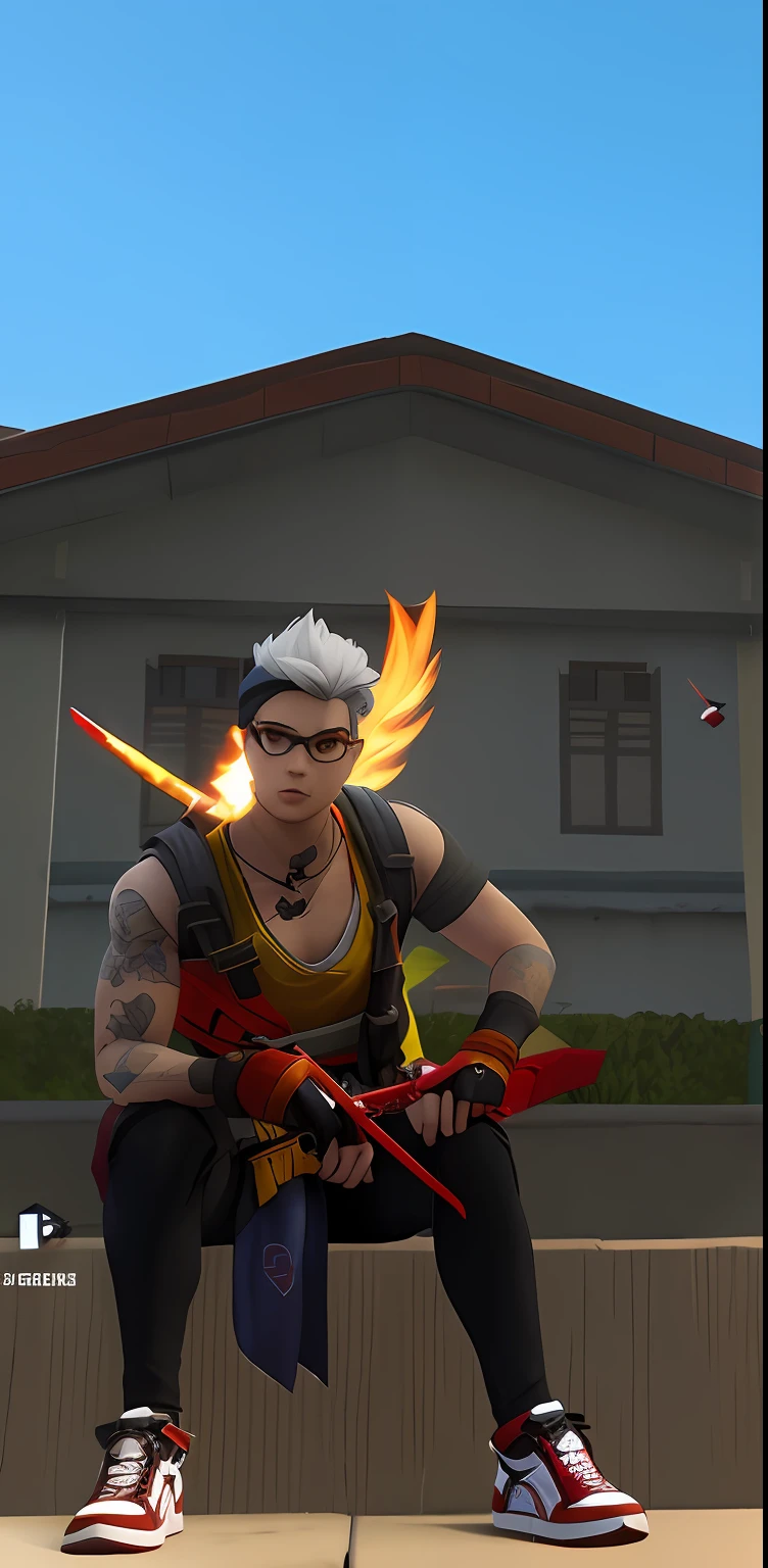 there is a boy sitting on a ledge with a pair of sneakers, badass pose, wielding a flaming sword, firing it into a building, wielding fire, wielding kunai, as overwatch character, wielding a fireball, as an overwatch character, realism in style of fornite game, in the style of sifu 🔥 😎 🕹️ 👀 :2, in game