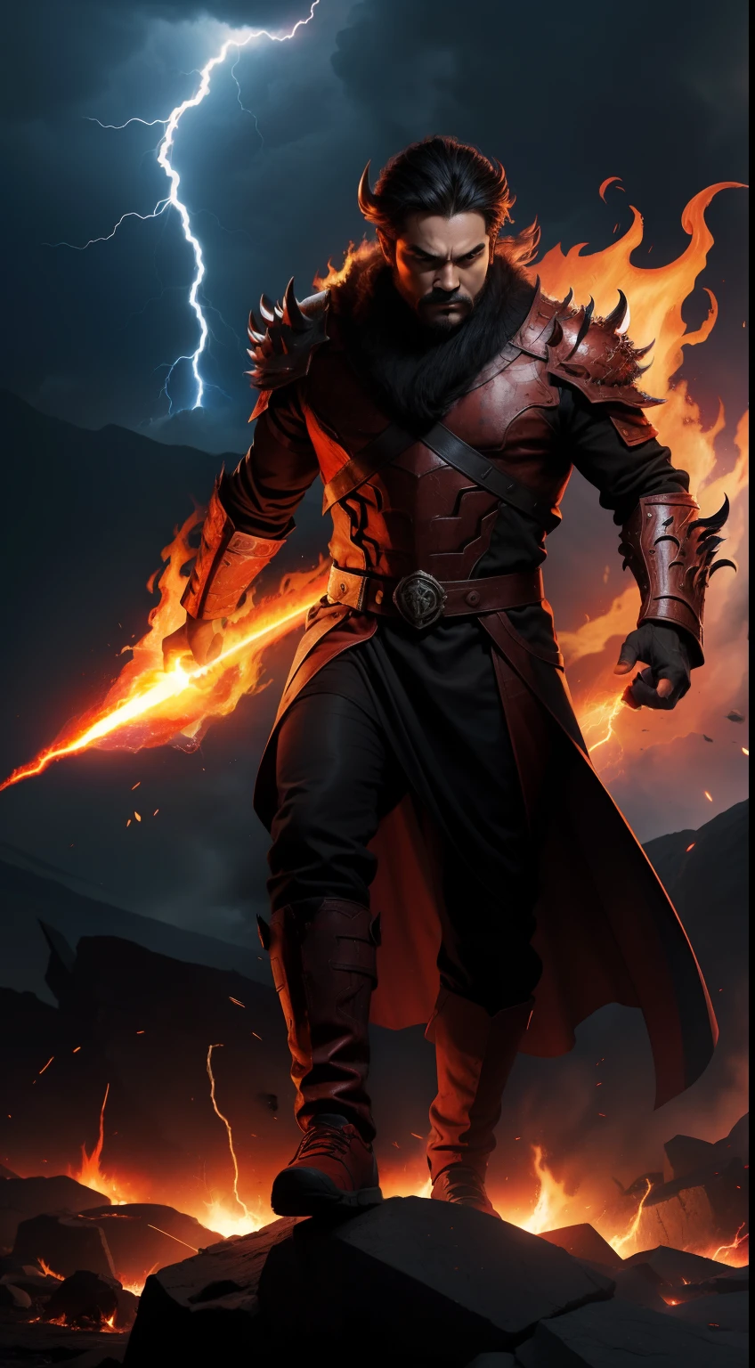 infernal-lord, buffalo-head, flame-lava, fire-background, full-body, lightning-strike-on-the-left-background, cool