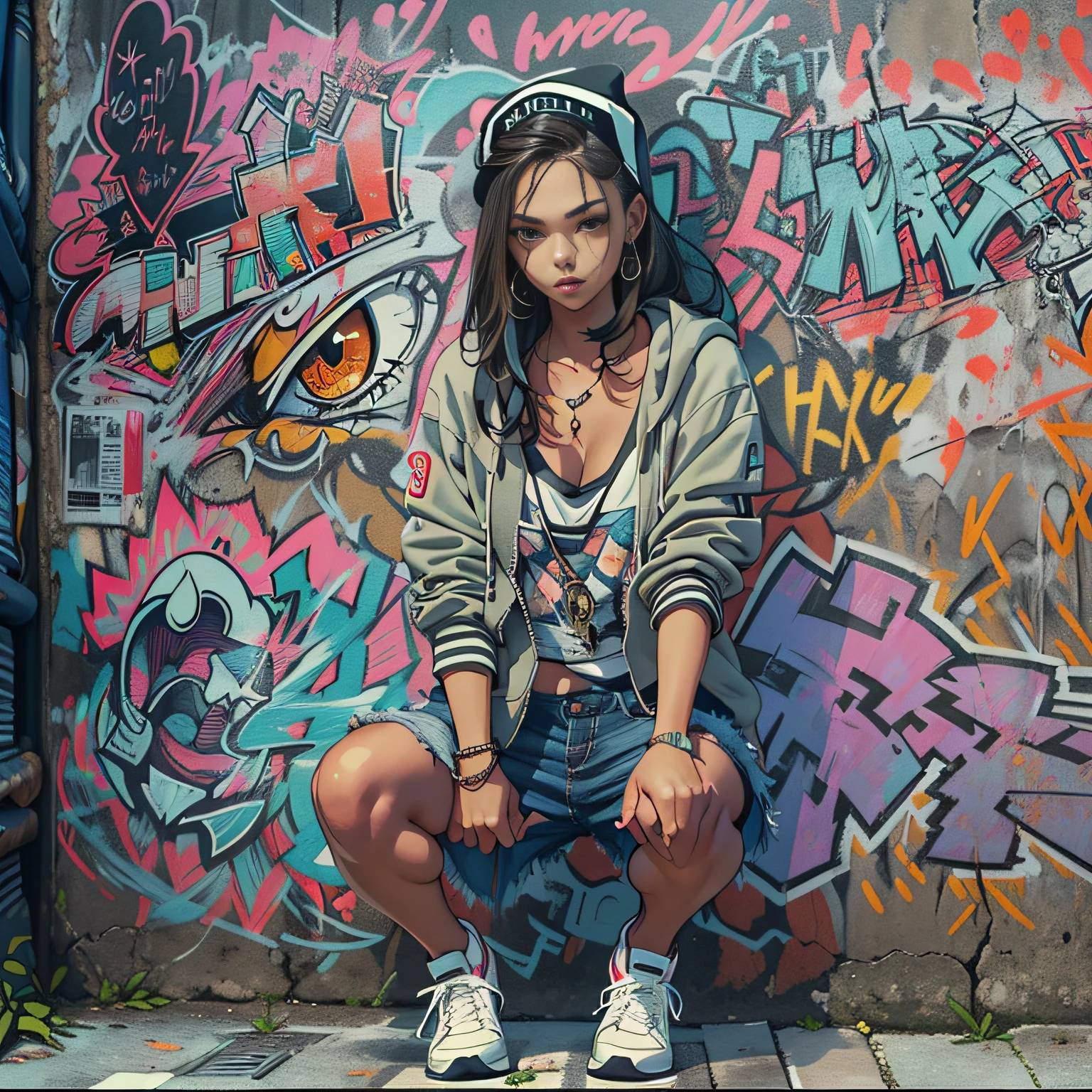 A girl in a back alley、(Super Detalhe)、(8k)、((Moda Hip Hop))、(muro de grafite)、(Esbian de corpo inteiro)、(face hiperdetalhada)、(detailed feets)、(Detailed hand)、(cara fria)、(sentado com os joelhos levantados)、(Put your hands on your knees)