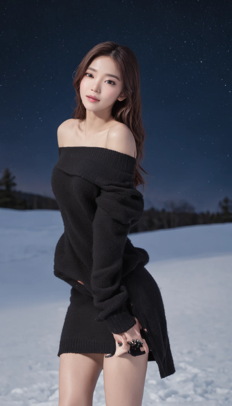 ((From below)), ((Looking back)), ((full bodyesbian)), (((off-the-shoulder clothes))), Beautiful asian model, Sexy goddess, cabelos preto e longos, Beautiful hair accessories, Sexy legs, slender leg, cold light, the night, starrysky, at winter season, nevando, snowfield, (whitesweater, 围巾, black short skirt), (white colors, black in color), Detailed scenes, Beautiful digital illustration, the detail,Hyper-detailed, (best qualtiy,tmasterpiece)