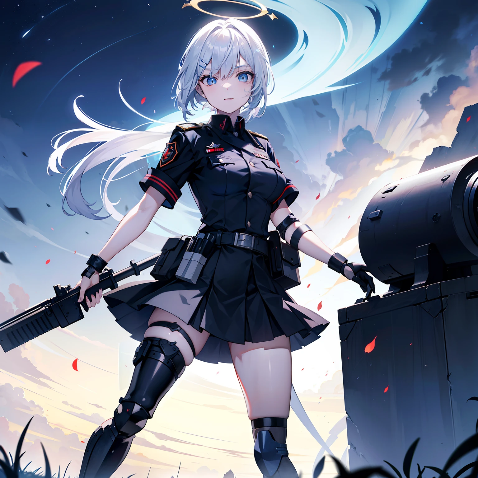 tmasterpiece，Need，1girll，{Beautiful Meticulous Girl}，Beautiful and delicate halo，（flame of war：1.2），（Nuclear explosions behind it：1.3），Sateen，Serious expressions，ssmile，nedium breasts，｛Expose your breasts generously｝，Chestless uniform，With an officer's cap，Uniform short skirt，blue colored eyes，The left eye wears a black eye patch，The right leg is a metal prosthesis，with short white hair，High ponytail ，One-legged lost his right leg in the war，Lengthens skin，（Background of war）,Only a cripple of one left leg remains