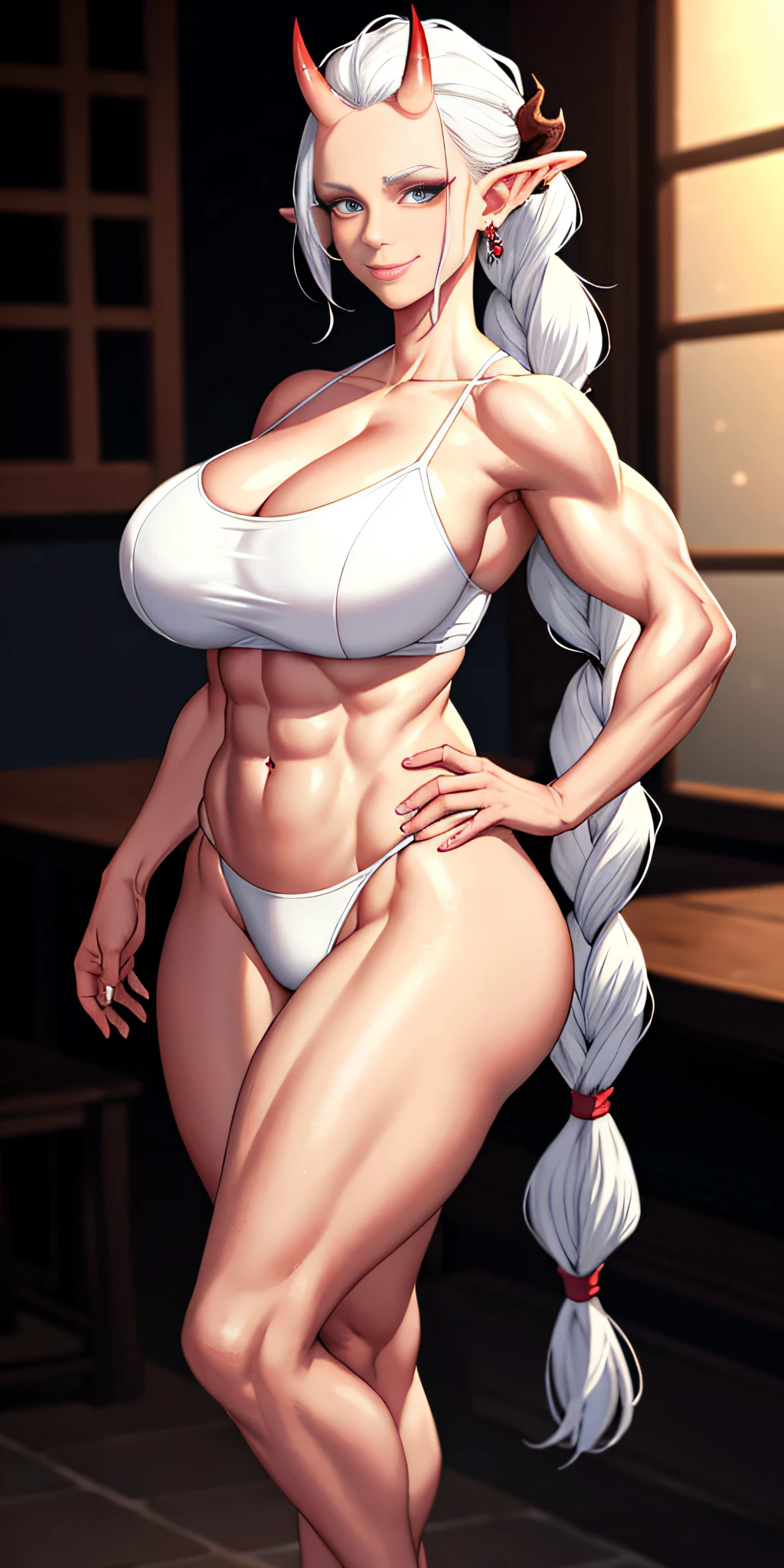 1girl full body standing, nice ass, BRIDESMAID, Hairstyle with a white braid, white color hair, BLINDFOLED, perfect lighting, muscular, thights, Mature woman, mummy, bellybutton, Abs, looks at the viewer (masterpiece, hiquality: 1.1) smile, Extremely huge breasts, Maternal, porcelain skin, extra very long hair, sparkly skin, good face, ONI HORNS