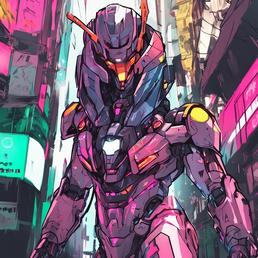 a close up of a person in a suit on a city street, cyberpunk art, inspired by Ryūsei Kishida, neo-dada, metallic green armor, anime manga robot!! anime girl, neon colored suit, upper body 2d game avatar, mobile suit, avatar image
