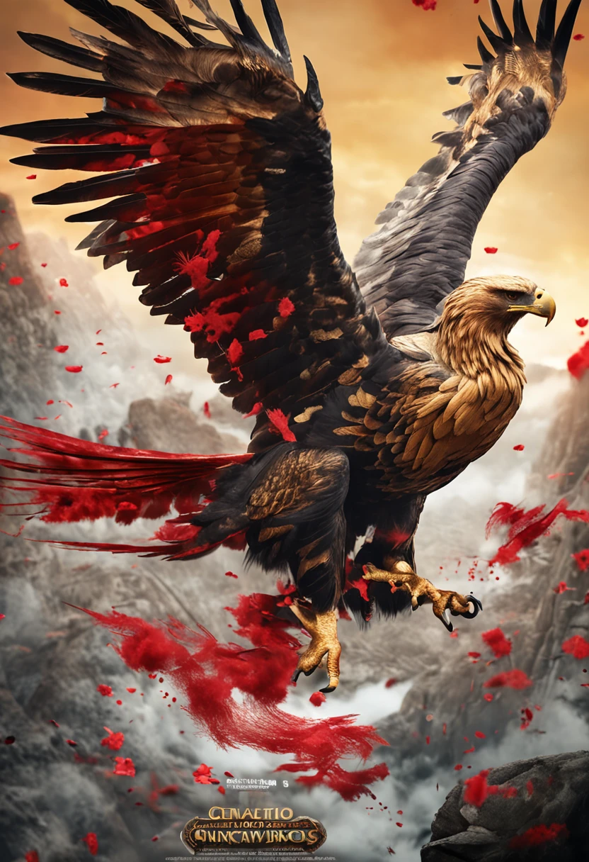 Cinematic images，number art，Chinese mythology and stories，Journey，King of Golden-winged Golden Eagles，closeup cleavage，Open your mouth，tosen，Fierce eyes，Blood，A mouth full of blood，Dripping blood，Puffing，massive wings，Thick feathers，feater，Super close，Sharp focus，best qualtiy，8K分辨率，tmasterpiece，Works of masters，