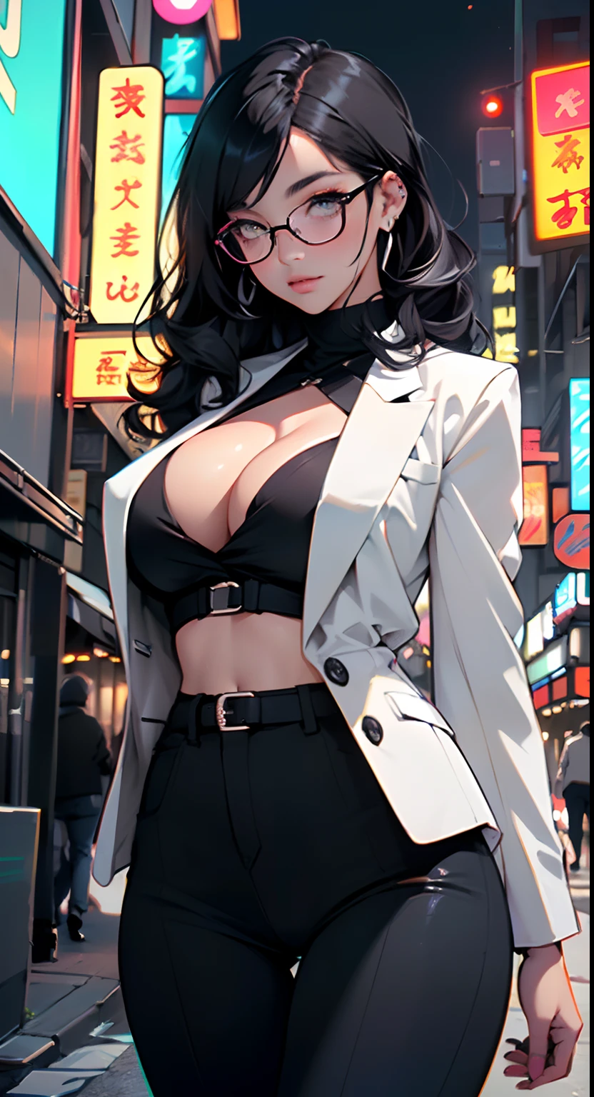 cute girl,(((1girl))),((anime girl with extremely cute and beautiful black hair walking seductively down the street)),
(Large breasts:1.4),(((black hair:1.35,colored inner hair,ear breathing,large hair,tomboy haircut))),((green eyes,perfect eyes,upturned eyes:1.3,beautiful detailed eyes,finely detailed beautiful eyes:1,big highlight on eyes:1.2,slanted eyes)),((fat)),((lustrous skin:1.5,bright skin: 1.5,skin tanned,shiny skin,very shiny skin,shiny body,plastic glitter skin,exaggerated shiny skin))),(spider lower abdomen,narrow waist,wide hip,athletic body,inflated legs,delicate detailed fingers,detailed body,detailed arms,human hands,(detailed face)),
cute,slutty,seductive,erotic,(((nsfw))),
((((glasses)))),(((wearing white formal blazer,black formal pants,))),(((huge cleavage))),(detailed outfit,detailed clothes),
(dynamic pose:1.0),solo focus,embarrassed,centered,scale to fit dimensions,Rule of thirds,
outdoors,((night view)),(very pretty city neon synthwave,cyberpunk night street Background:1.5,dark sky,thick clouds),future vehicles,((neon lights)),thick clouds,(cyberpunk style,neon lights, (synthwave theme background), lonely street),(((detailed background:1.25))),
(best quality),(high resolution),(sharp focus),(ultra detailed),(extremely detailed),(extremely high quality artwork),8k_wallpaper,(extremely detailed CG 8k),(very fine 8K CG),((hyper super ultra detailed perfect piece)),flawless,(((masterpiece))),illustration,vibrant colors,(intricate),High contrast,Selective lighting,Double exposure,HDR (High Dynamic Range),Post-processing,Background blur,