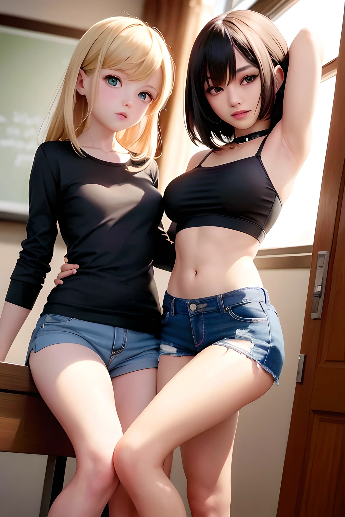 Animated image of two women in classroom holding mirrors, Ecchi anime style, anime moe art style, Ecchi style, oppai, Ecchi, Kantai Collection Style, Fubuki, biomechanical oppai, highly_Detailed!!, Twin-tailed, Anime Girls, small curvy , oppai proportions, two beautiful anime girls, Teasing smile, ((medium breast, tomboy girls, small head)), daylight, sunlight, (chiseled abs : 1.1), (perfect body : 1.1), (short wavy hair : 1.2) , auburn hair, collar, chain, full body shot, crowded street, wearing black tanktop, jeans jacket, ((shorts)), (extremely detailed CG 8k wallpaper), (an extremely delicate and beautiful), (masterpiece), (best quality:1.0), (ultra highres:1.0),  beautiful lighting ,perfect lightning, realistic shadows, [highres], detailed skin, ultra-detailed