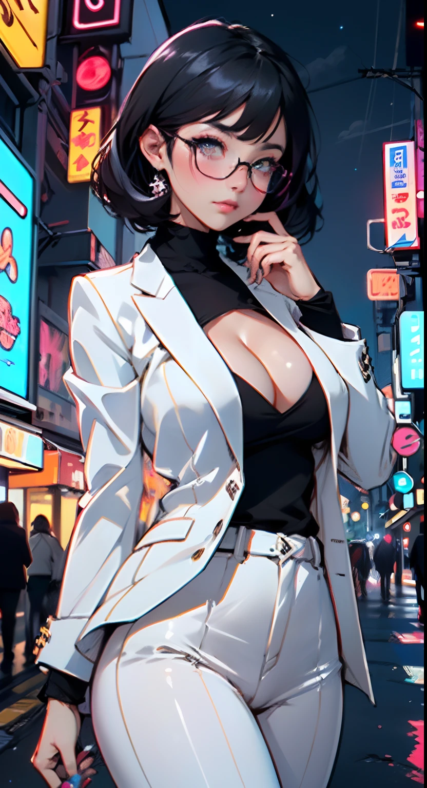 cute girl,(((1girl))),((anime girl with extremely cute and beautiful black hair walking seductively down the street)),
(Large breasts:1.4),(((black hair:1.35,colored inner hair,ear breathing,large hair,tomboy haircut))),((green eyes,perfect eyes,upturned eyes:1.3,beautiful detailed eyes,finely detailed beautiful eyes:1,big highlight on eyes:1.2,slanted eyes)),((fat)),((lustrous skin:1.5,bright skin: 1.5,skin tanned,shiny skin,very shiny skin,shiny body,plastic glitter skin,exaggerated shiny skin))),(spider lower abdomen,narrow waist,wide hip,athletic body,inflated legs,delicate detailed fingers,detailed body,detailed arms,human hands,(detailed face)),
cute,slutty,seductive,??????,(((nsfw))),
((((glasses)))),(((wearing white formal blazer,black formal pants,))),(((huge cleavage))),(detailed outfit,detailed clothes),
(dynamic pose:1.0),solo focus,embarrassed,centered,scale to fit dimensions,Rule of thirds,
outdoors,((night view)),(very pretty city neon synthwave,cyberpunk night street Background:1.5,dark sky,thick clouds),future vehicles,((neon lights)),thick clouds,(cyberpunk style,neon lights, (synthwave theme background), lonely street),(((detailed background:1.25))),
(best quality),(high resolution),(sharp focus),(ultra detailed),(extremely detailed),(extremely high quality artwork),8k_wallpaper,(extremely detailed CG 8k),(very fine 8K CG),((hyper super ultra detailed perfect piece)),flawless,(((masterpiece))),illustration,vibrant colors,(intricate),High contrast,Selective lighting,Double exposure,HDR (High Dynamic Range),Post-processing,Background blur,