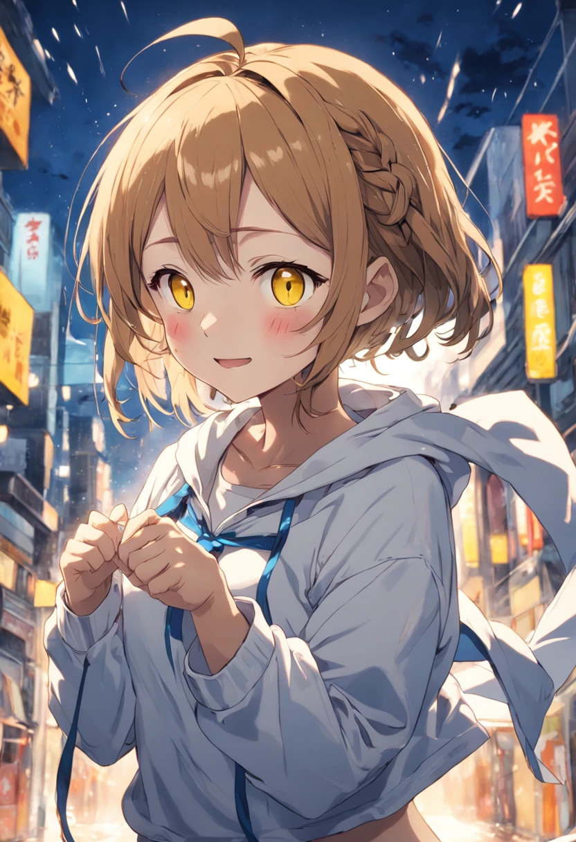 yellow eyes、Girl with light brown hair with braids above her ears and short cuts outside splashes、Blue ribbon、Wearing a white shirt and hoodie、Thin ribbon on shirt、Smiling anime girl、atlibrary、Buruaka style