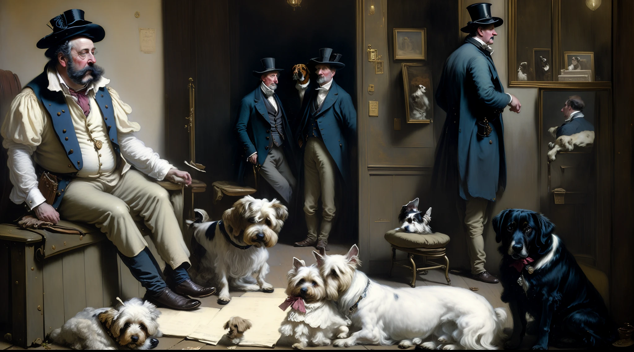 painting of a man sitting on a bench with two dogs, inspired by William Quiller Orchardson, 1 8 3 0 s style painting, by William Quiller Orchardson, 1 9 th century scene, underground scene, 1800s painting, detailed annotated painting, berne hogarth, 1 8 5 0 s style painting, quirky 1 9 th century