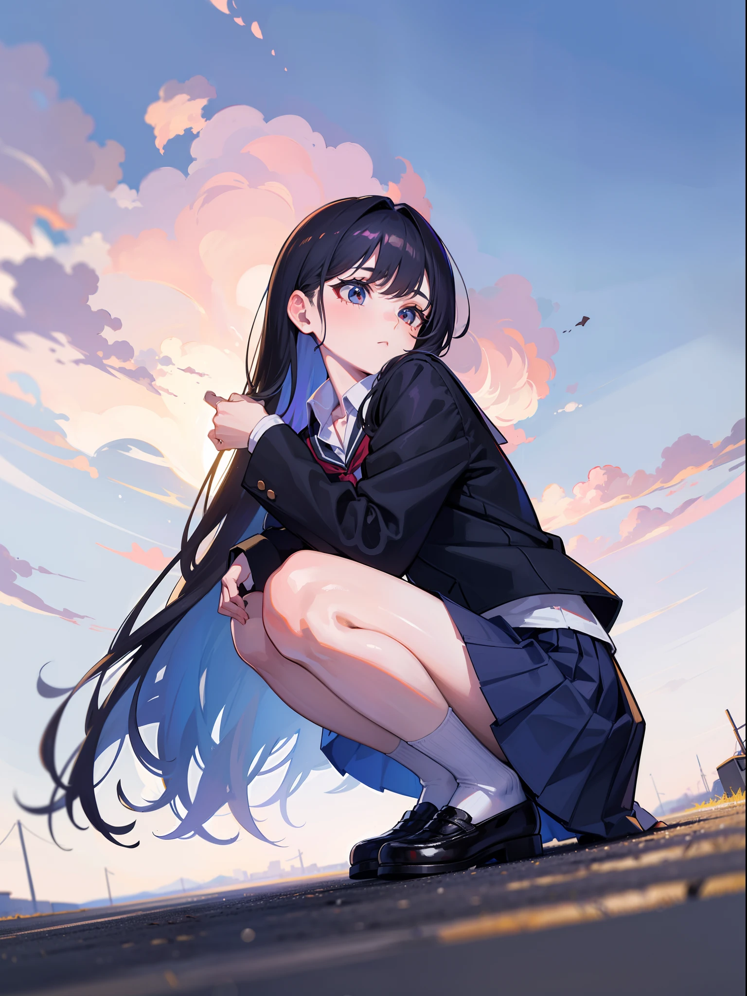 1girl, Giantess, below feet view, below girl view, very low angle, up front view,From the angle below,long navy hair,No short skirt,trousersless,Squatting,cute female student, schoolgirl uniform , little ant on road, looking down at an ant, a little black dot, finger on ground, micro insect, 8K quality, knees at 90 degrees, heels on ground