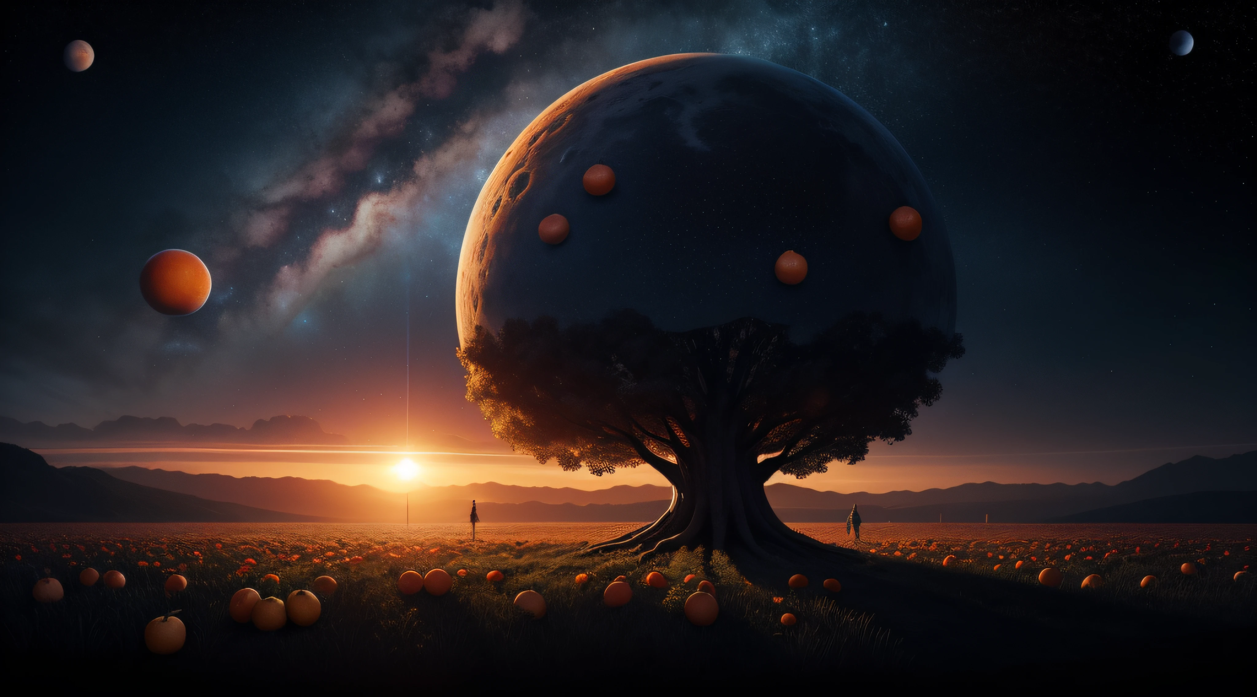 The fruit tree filled with oranges whose roots cover a planet lost in a huge and dark galaxy, sans vie aux alentours, just a few mysterious and strange planets