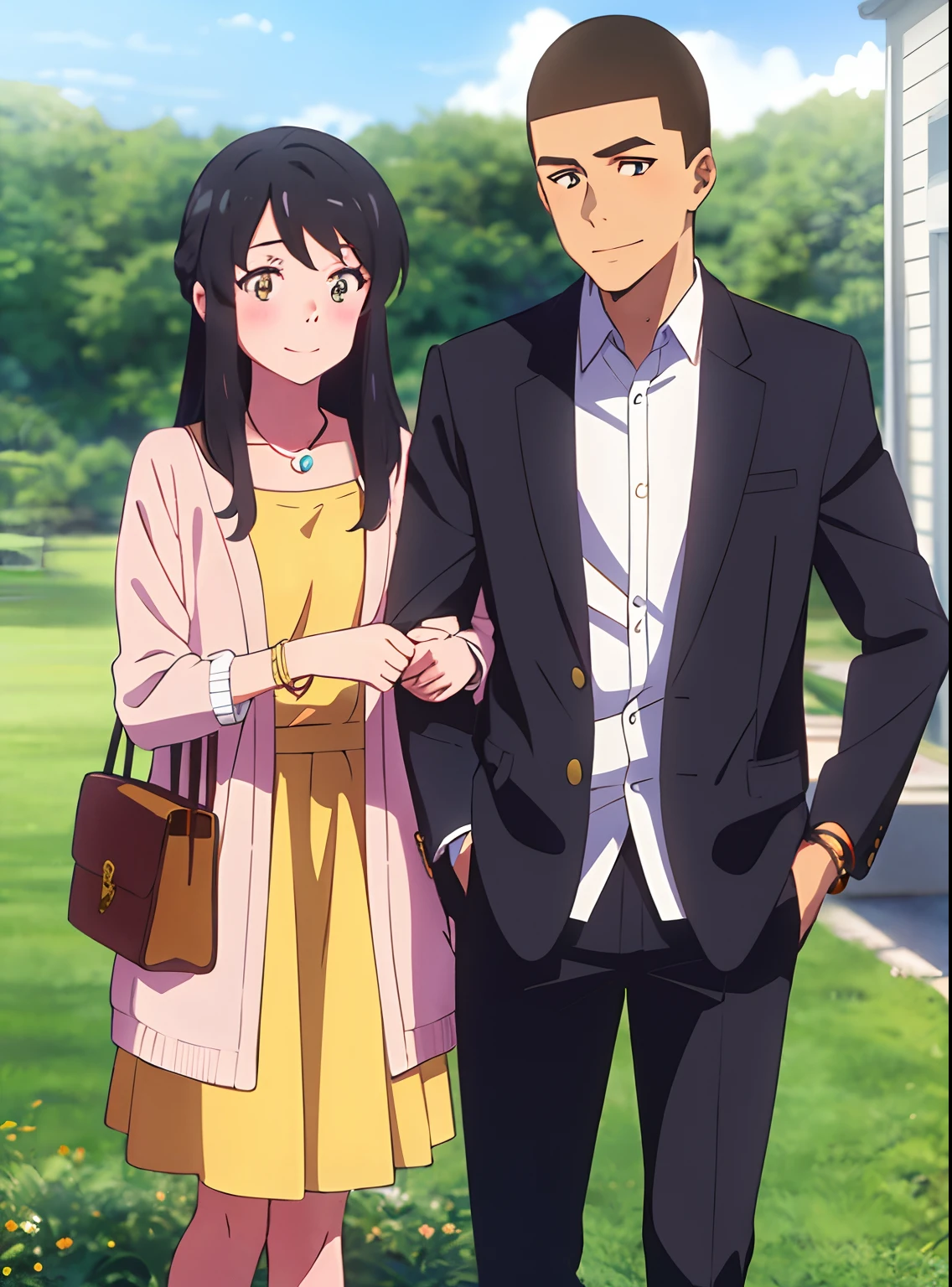 masterpiece:1.6, best quality), finely detailed beautiful eyes: 1.2), colorful, shinkai makoto, kimi no na wa., family of four, 1kid girl, 1kid child 1boy buzzcut, buzzcut, 1girl, bangs, black hair, blush, open mouth, smile, brown eyes, shinkai makoto, kimi no na wa., 1girl, 1boy, bangs, black hair, blush, brown eyes, looking at the viewer, Clavicle, waterfall braid, red ribbon, long hair, star necklace, cowboy shot, cute, shirt, long sleeves, yellow shirt, jacket, cardigan, skirt, blush, collared shirt, letterboxed, pink jacket, pink cardigan, dress shirt, open clothes, anime coloring, brown footwear, orange pants, cute, couple, family, cute, adorable, Sun, daylight, Outdoors, bracelet,