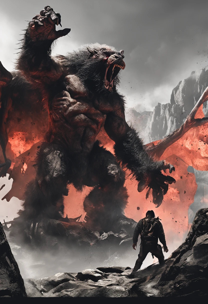 Cinematic images，hell，magma，火焰，（（Super huge, Thick and sharp giant claws）），（（（Black antique hideous scales））），（（（The scales are covered with thick barbs）））（（Super thick and terrifying scales）），Wrap the whole body，（（Bloodthirsty and murderous devil man）），slaughter，In a hurry to kill，Dynamic lines，depth of fields，Ugly face，Black lightning streaked across the sky，（（（A tumbling thick sea of clouds is at your feet））），（There was blood everywhere），（（Blood dripped from between the paws）），stereoscopic perspective，Works of masters，super-fine，4K分辨率，high qulity，电影灯光，High picture detail，Look up from the bottom up，Ultra-wide viewing angle，Detailed pubic hair，Epic shooting