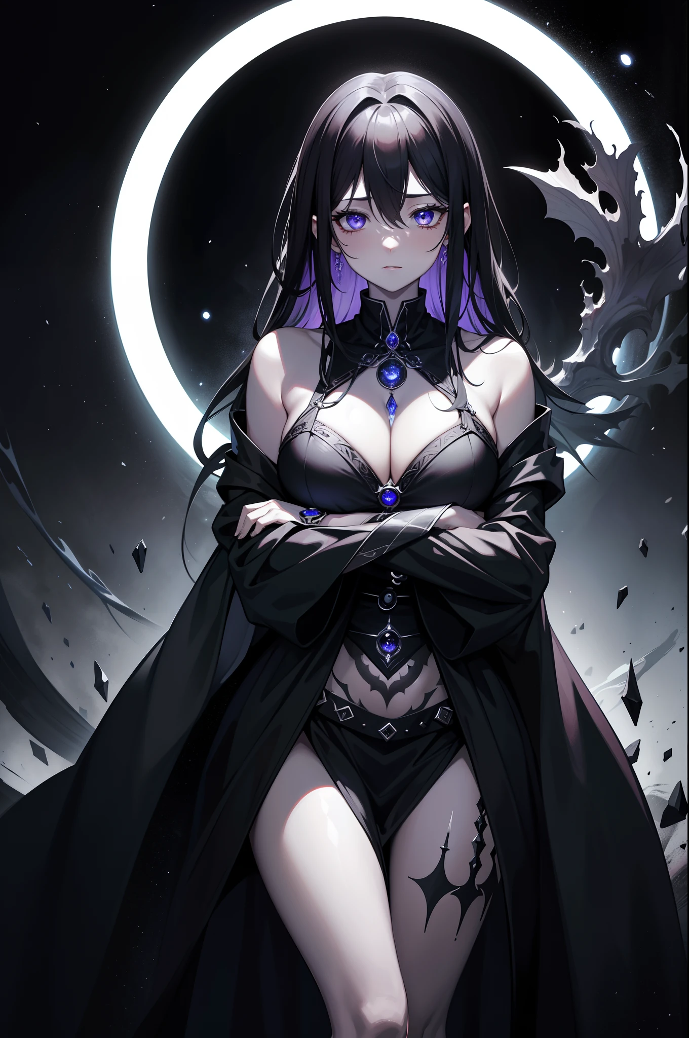 dark magic user, black holes, witch, cursed tattoo, robes, grey skin, crest, close-up, huge magic circle on hand, fantasy art, sapphire accesory, perfect body shape, look away, shy blushing face, masterpieces, solo, magical belt, void aura, mystic quality, less clothes