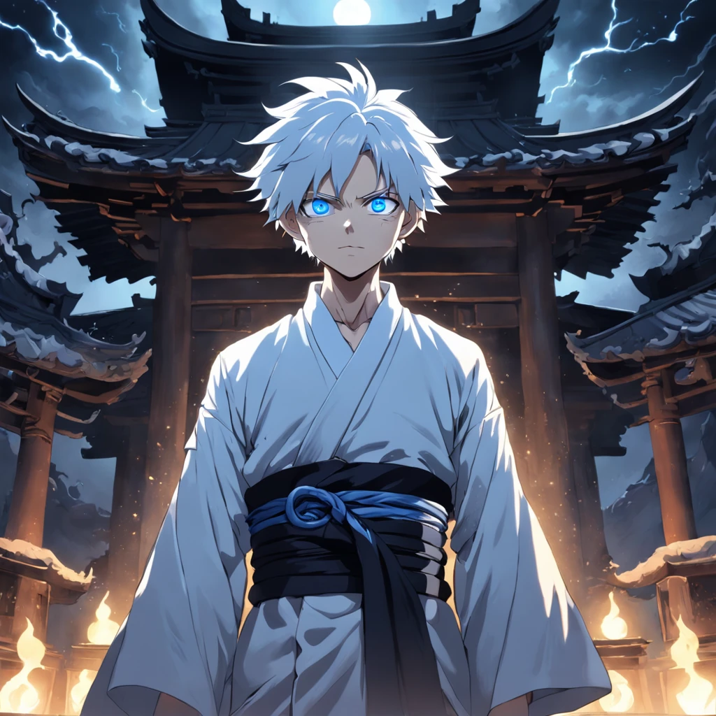 Prompt: (masterpiece, illustration, anime:1.3), Satoru Gojo from Jujutsu Kaisen, (classic black attire:1.2), standing inside a temple at night, (messy white hair:1.1), (blue eyes emitting blue light:1.2), (calm expression:1.1), (uncovered eyes:1.1), (powerful presence:1.2), (mystical atmosphere:1.2), (subtle moonlight:1.1), (intricate temple architecture:1.2), (ominous shadows:1.1), (flowing robes:1.1), (detailed folds and creases:1.1), (intense blue aura:1.2), (symbols of power surrounding him:1.1), (magical energy radiating:1.2), (spellcasting gestures:1.1), (mysterious artifacts:1.1), (ethereal particles:1.1), (dynamic pose:1.2), (epic soundtrack:1.2), (sense of awe:1.1), (magical prowess:1.1).
This prompt depicts an anime illustration featuring Satoru Gojo from Jujutsu Kaisen. Gojo is shown wearing his classic black attire inside a temple at night. His white hair is messy, and his blue eyes emit a radiant blue light. The illustration captures Gojo's calm expression, powerful presence, and the mystical atmosphere of the scene. The temple's intricate architecture, subtle moonlight, and ominous shadows add to the overall ambiance. The prompt emphasizes Gojo's intense blue aura, spellcasting gestures, and the sense of awe surrounding his magical prowess. The artwork aims to showcase the captivating nature of Satoru Gojo as a radiant sorcerer.