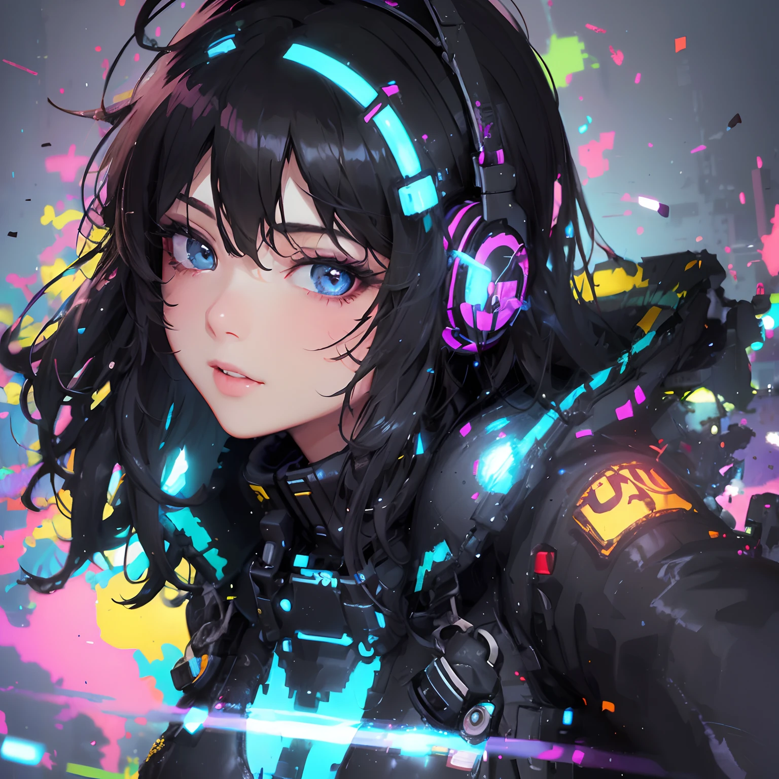 (masterpiece),((top-quality)),(offcial art),(Beautiful and indulgent:1.2),(1girl in:1.3),Face peel the front,Small breasts,((Black-haired beauty)),breasts are small、BREAK,((headphones)),Beautiful DJ woman with cyberpunk image,Detailed drawing。Vibrant colors。colourfull、highestdetailed ((ultra-detailliert)),(Highly detailed 2D illustrations),((Extremely delicate and beautiful))Super Detail