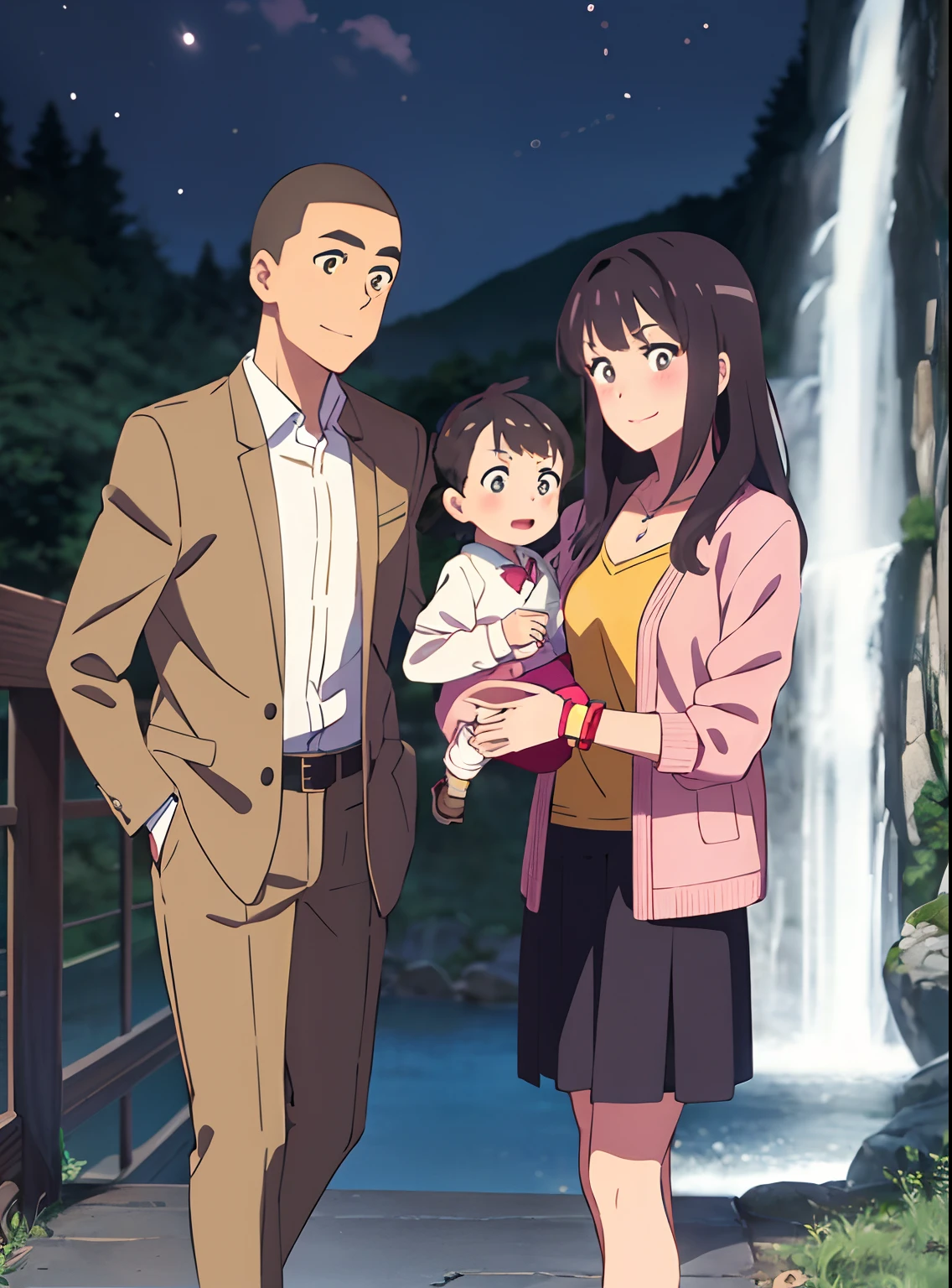 masterpiece:1.6, best quality), finely detailed beautiful eyes: 1.2), colorful, shinkai makoto, kimi no na wa., family of four, 1kid girl, 1kid child 1boy buzzcut, buzzcut, 1girl, bangs, black hair, blush, open mouth, smile, brown eyes, shinkai makoto, kimi no na wa., 1girl, 1boy, bangs, black hair, blush, brown eyes, looking at the viewer, Clavicle, waterfall braid, red ribbon, long hair, star necklace, full body, cute, shirt, long sleeves, yellow shirt, jacket, cardigan, skirt, blush, collared shirt, letterboxed, pink jacket, pink cardigan, dress shirt, open clothes, anime coloring, brown footwear, orange pants, hold, holding baby, baby, cute, couple, family, cute, adorable, Night, Nightview, Outdoors, bracelet,