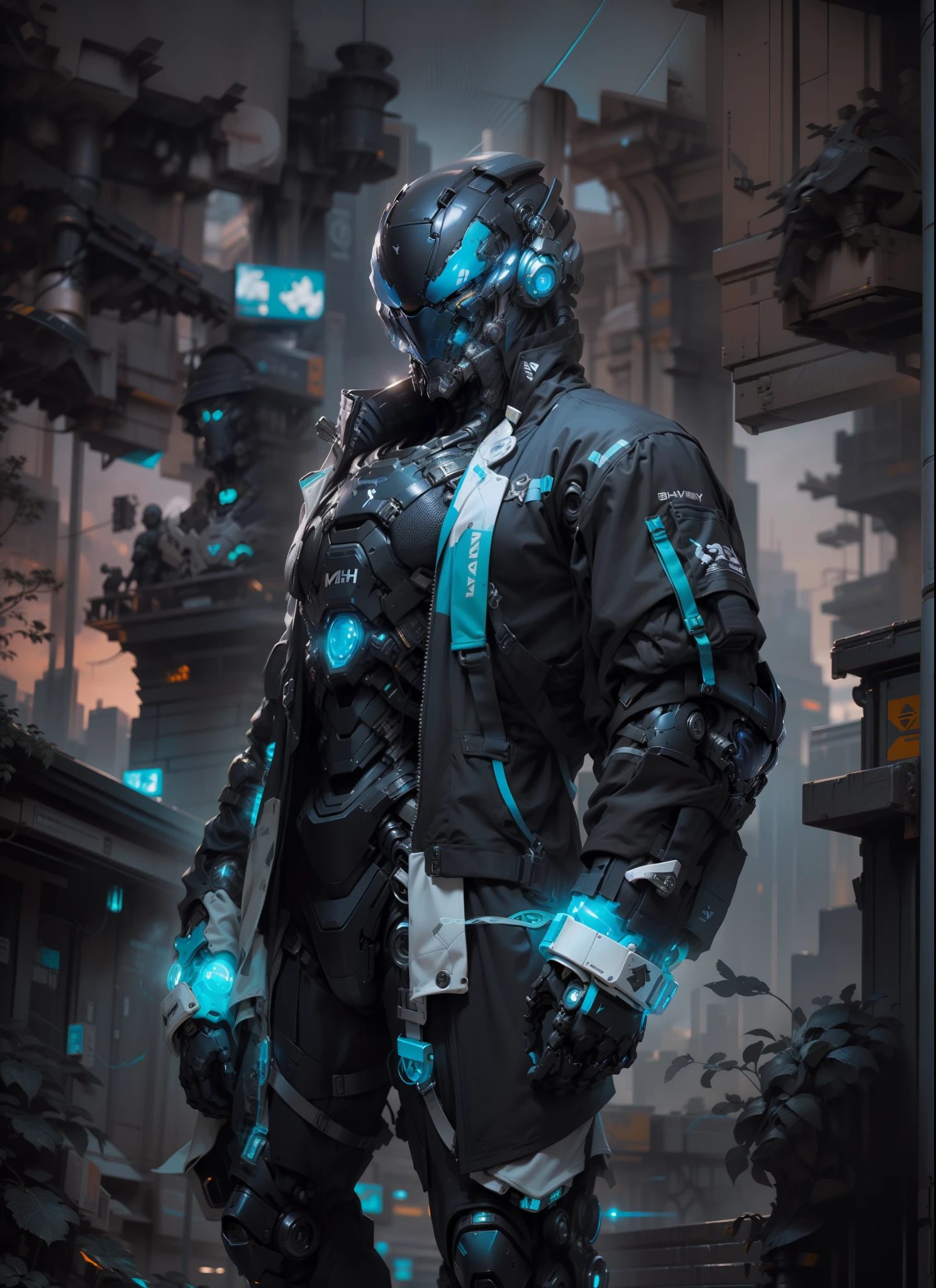 full body plane, ((a futuristic-looking blue chrome cyborg man)) with a fantastic ((square cyberhelmet head with blue lights)), dressed in a (((black and blue techwear))), humanoid robot, ((Iron gray tactical gloves)), mechanical neck, cyberpunk city, UHD, anatomically correct, best quality, masterpiece