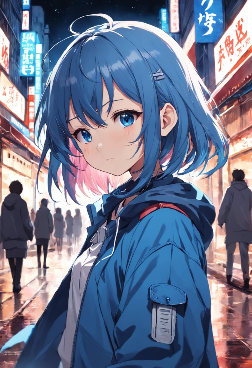 Anime girl in blue jacket with knife in the city, an anime drawing inspired by Inoue Naohisa, pixiv, magical realism, anime style 4 k, young anime girl, Anime visuals of cute girls, Cute anime girl, portrait of cute anime girlbabes, best anime 4k konachan wallpaper, anime moe art style, portrait of cute anime girlbabes