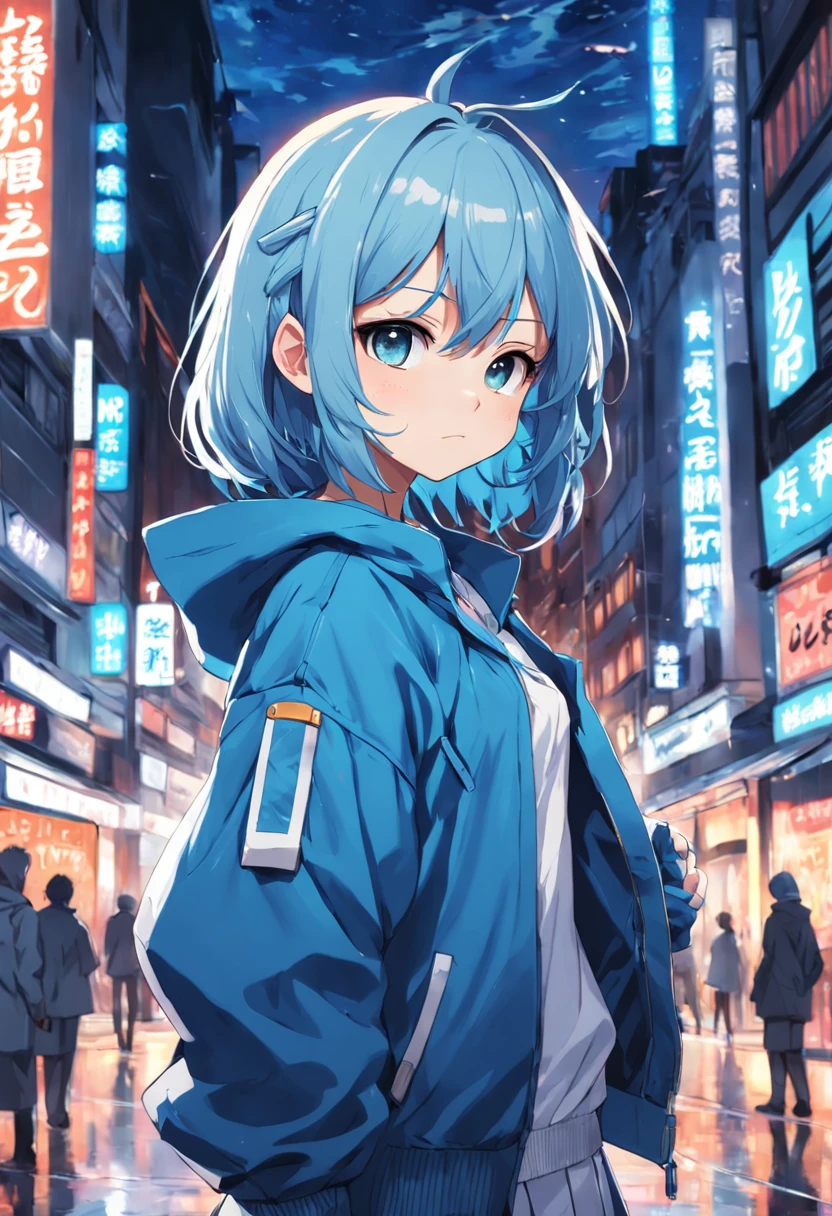 Anime girl in blue jacket with knife in the city, an anime drawing inspired by Inoue Naohisa, pixiv, magical realism, anime style 4 k, young anime girl, Anime visuals of cute girls, Cute anime girl, portrait of cute anime girlbabes, best anime 4k konachan wallpaper, anime moe art style, portrait of cute anime girlbabes