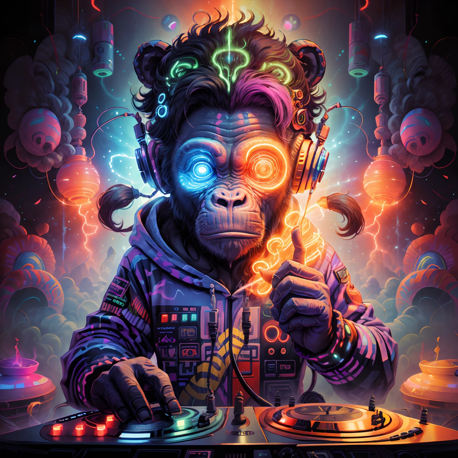 A neopunk DJ chimpanzee unleashes an electrifying and psychedelic performance, captivating the audience with mind-bending beats. The vibrant colors and pulsating rhythms create a hypnotic atmosphere,