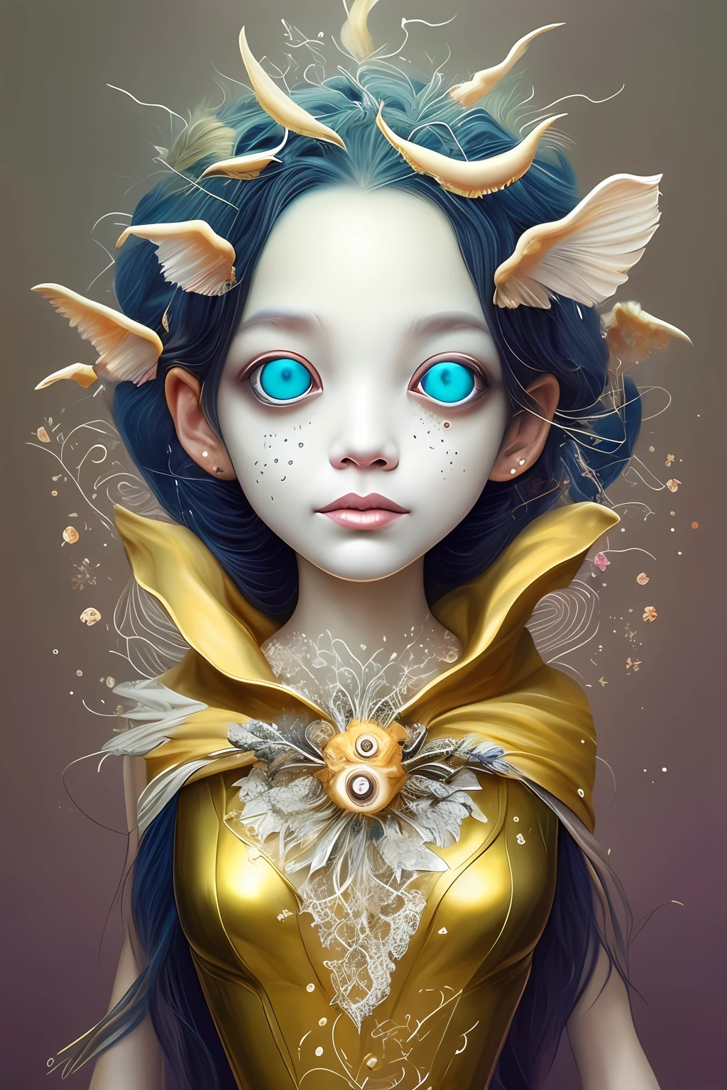 Cute cute dark baby, glowing smoke neon eyes, hoarfrost metal lace, fantasy, Sunlight, rays of sunshine, intricately details. 8K, Dreamlike, surrealism, Super cute, Symmetrical, Soft lighting, trending on artstationh, Intricate details, Highly detailed, illusory engine, author:ross tran, Phlegm sputum, phlegm, Artgerm and James Jean, Brian Froud, art illustration by Miho Hirano, Neimy Kanani, oil on the canvas:Aykut Aydogdu, Oil painting, Heavy strokes, paint drips