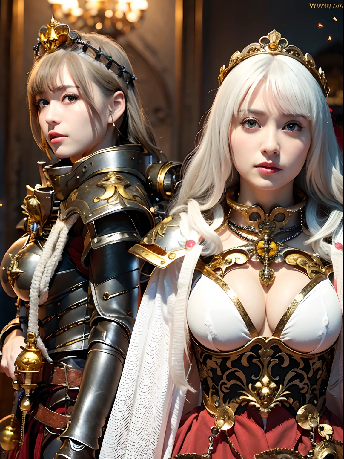 (masutepiece), Professional , masterpiece、top-quality、photos realistic , depth of fields (Gemstone Silver Metal Body:1.9),(Matte White、Jewel Gold Weapon(Jewel Metal Body:1.4),Gorgeous metal weapons , Detailed Sword of the Brave , Beautiful knife ,warhammer 40k , adepta sororitas,Detail and ornate jewel crown、Golden hair、Gangle's forest background、Beautiful Caucasian beauty、1a person、dynamic ungle,(((Detailed and ornate diamond crown)))、Smaller head、A smile、Background inside the castle、Thin and beautiful female hands、cleavage of the breast、Soldier in iron armor on background、Soldier in iron armor on background、Mystical expression、Light Effects、