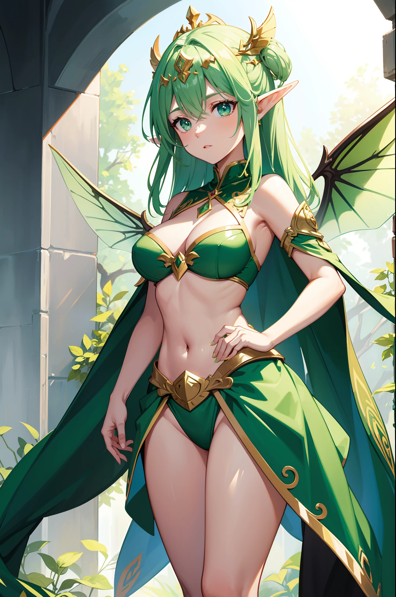 high-level elf godness, masterpeices, dragonflies wings, holy crest tattoo (on belly), elf crown, solo, lime green and white color, queen aura, perfect body shape, fantasy arts, world tree background, wind and leaves effect, make-up, cape, emerald accesory, golden hair