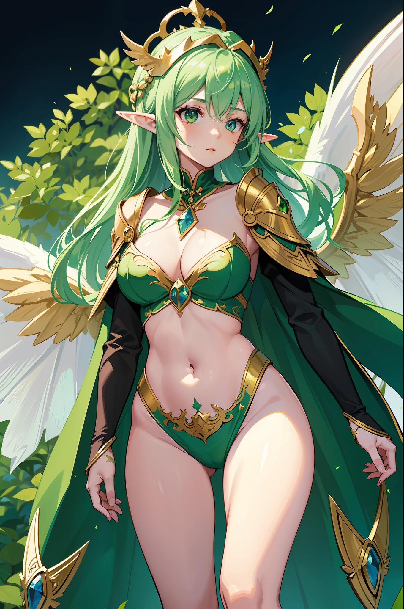 high-level elf godness, masterpeices, dragonflies wings, holy crest tattoo (on belly), elf crown, solo, lime green and white color, queen aura, perfect body shape, fantasy arts, world tree background, wind and leaves effect, make-up, cape, emerald accesory, golden hair