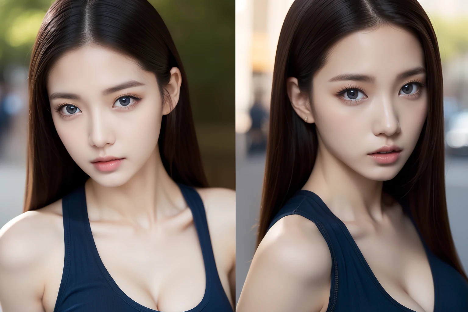 Solo Shot,medium shot、Cowboy Shot、(Solo:1.2)、One girl、Standing posture、a beauty girl、face perfect、mesmerizing eyes、blurry backround、Wearing a tank top、Colossal tits