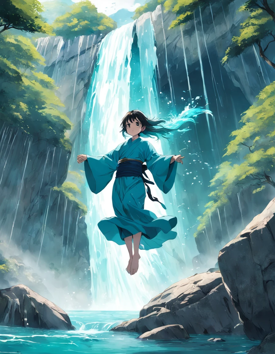Man levitating over the turquoise waters of a river, movimentos fluidos e poderosos, wearing an elegant blue kimono with wave designs and Asian brushstrokes, In the background a majestic waterfall of crystal clear waters, suspended water particles.