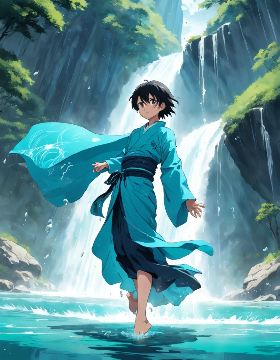 Man levitating over the turquoise waters of a river, movimentos fluidos e poderosos, wearing an elegant blue kimono with wave designs and Asian brushstrokes, In the background a majestic waterfall of crystal clear waters, suspended water particles.