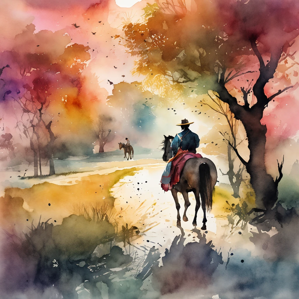 (Watercolor style, spectral art) + (Man in Song Dynasty costume riding a horse: 0.2) - Correct shape and proportions conform to anatomy, (Flying abruptly. Sunset), (the willow trees next to the road are mottled with light and shadow, and the ancient road extends.) Autumn cicadas neigh, breeze blowing, disturbing pedestrians). (Rich and gorgeous colors in the distance) + (Subtle reflection of flow, pulsation smudge splash) + (clear light and shadow, swaying dynamics)