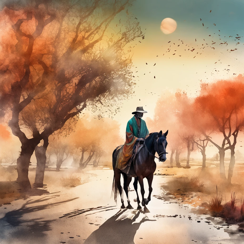 (Watercolor style, spectral art) + (Man in Song Dynasty costume riding a horse: 0.2) - Correct shape and proportions conform to anatomy, (Flying abruptly. Sunset), (the willow trees next to the road are mottled with light and shadow, and the ancient road extends.) Autumn cicadas neigh, breeze blowing, disturbing pedestrians). (Rich and gorgeous colors in the distance) + (Subtle reflection of flow, pulsation smudge splash) + (clear light and shadow, swaying dynamics)