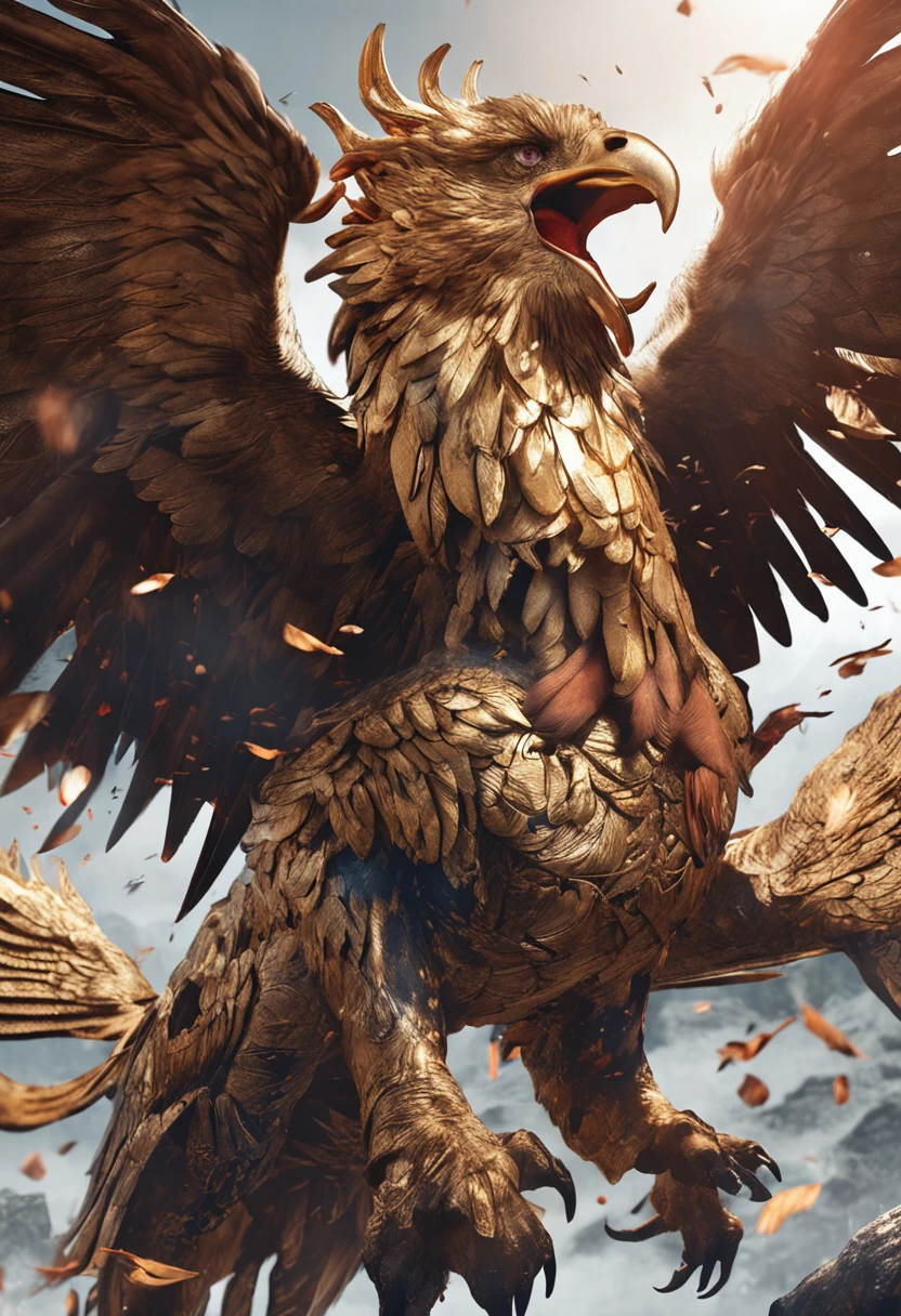 Cinematic images,number art,Chinese mythology and stories,Journey,King of Golden-winged Golden Eagles,closeup cleavage,Open your mouth,tosen,Fierce eyes,Blood,A mouth full of blood,Dripping blood,Puffing,massive wings,Thick feathers,feater,Super close,Sharp focus,best qualtiy,8K分辨率,tmasterpiece,Works of masters,OC rendering