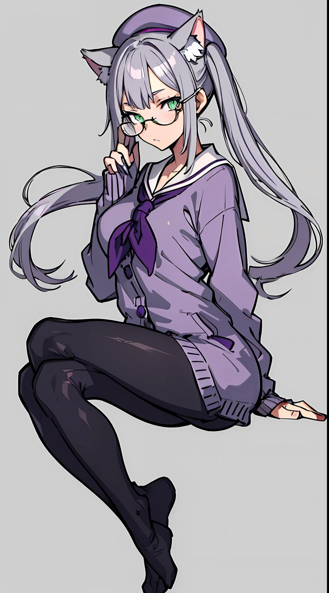 (masterpiece:1.2, best quality), adult girl with grey hair in two pigtails, light green eyes, wearing a pair of grey cat ears, glasses, a purple beret, japanese sailor schooluniform top, cardigan over top, purple clothes, black pants, full body