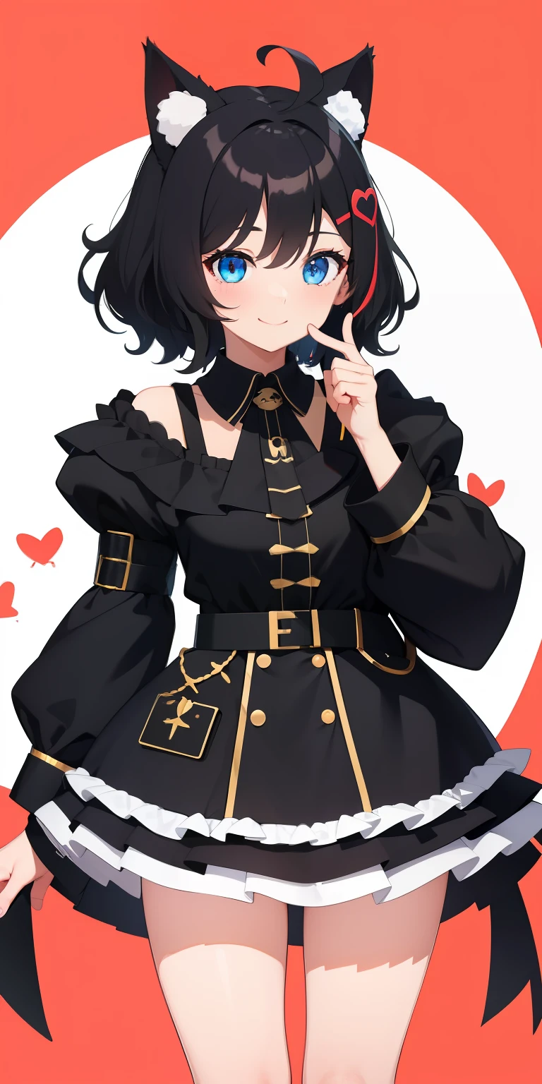 Looking at Viewer, simple background、Cute backgrounds, 1girl in, Open mouth, Smile, Virtual Youtuber、girl with、((Best Quality, high_resolution, Distinct_image)),(Black hair), (Black cat ears), (Ahoge), (absurdly short hair), (Wavy Hair), (Blue eyes),、A smile、Very big breasts、concept-art、((View Viewer))。